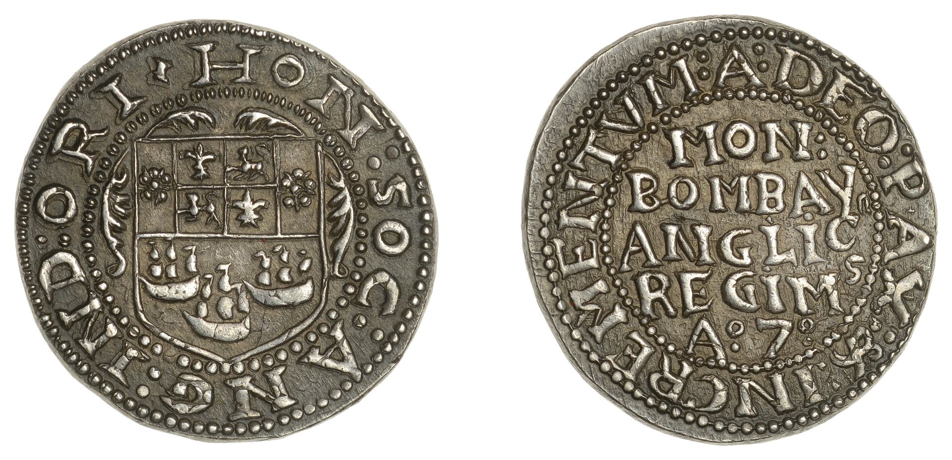 East India Company, Bombay Presidency, Early coinages: English design, silver Anglina, type...