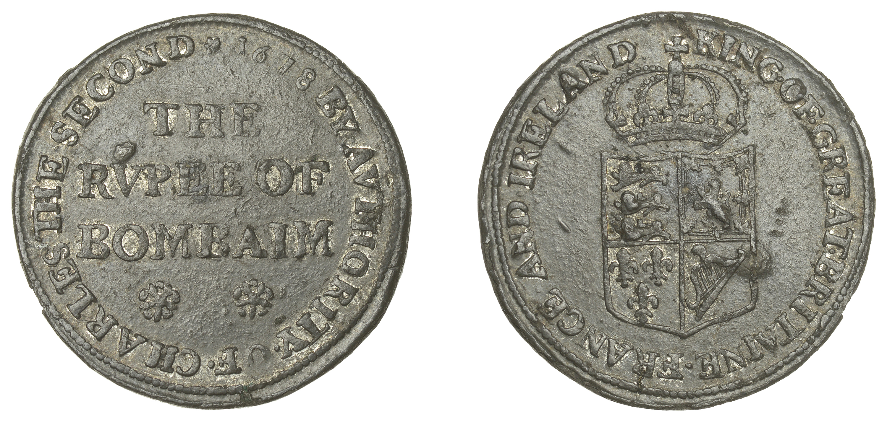 East India Company, Bombay Presidency, Early coinages: English design, pewter Trial Rupee in...