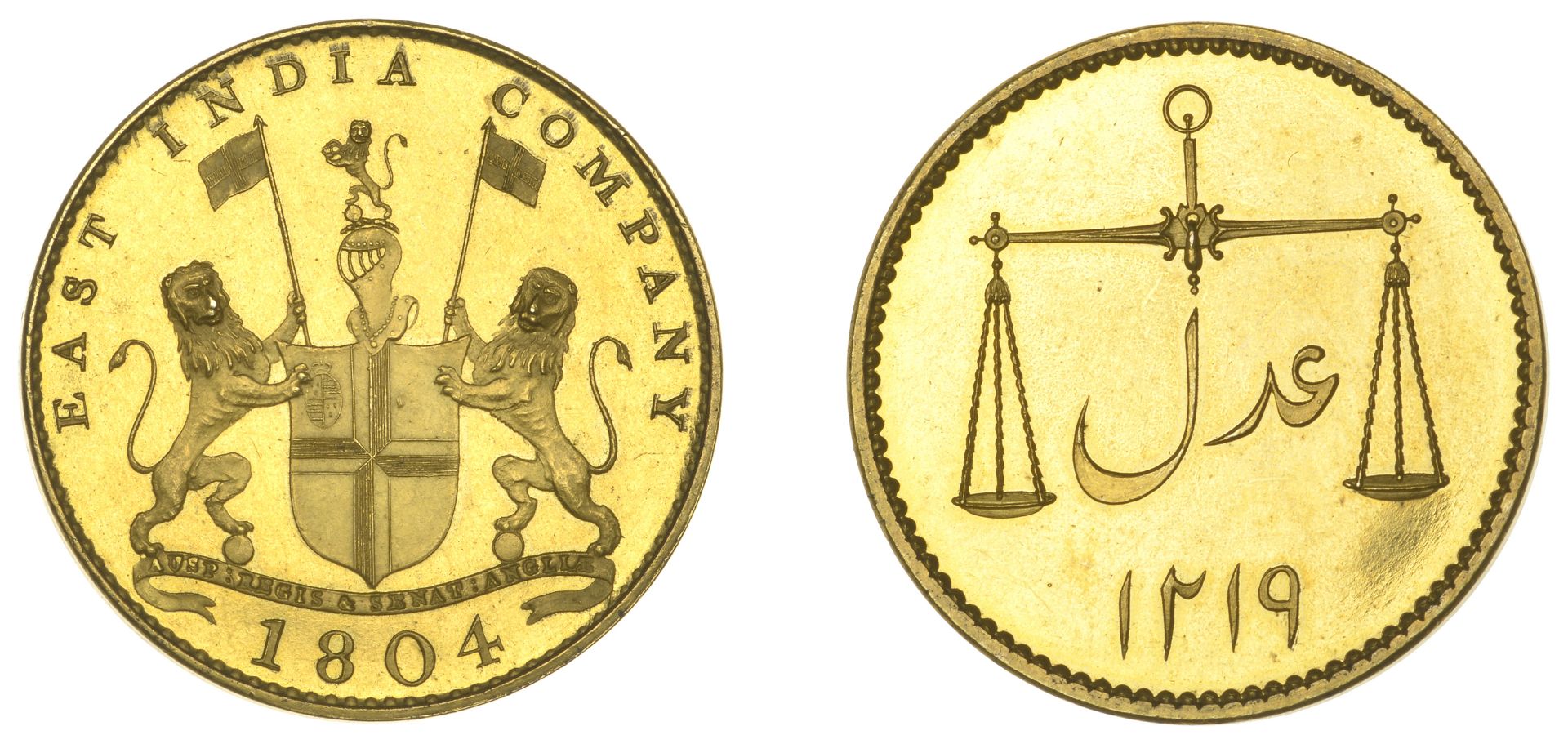 East India Company, Bombay Presidency, European minting, 1804 Soho, gilt-copper Proof Pice,...