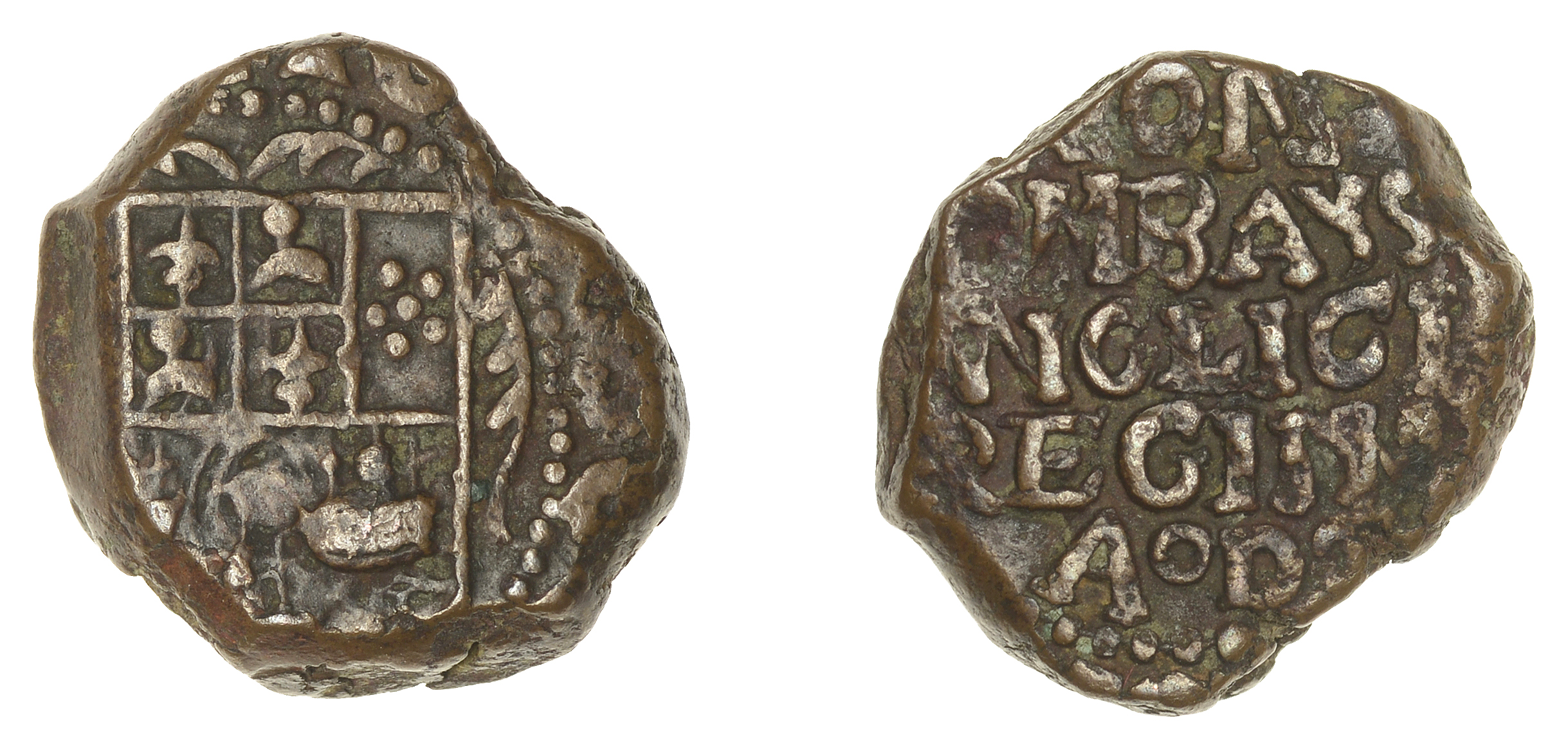 East India Company, Bombay Presidency, Early coinages: English design, copper Half-Copperoon...