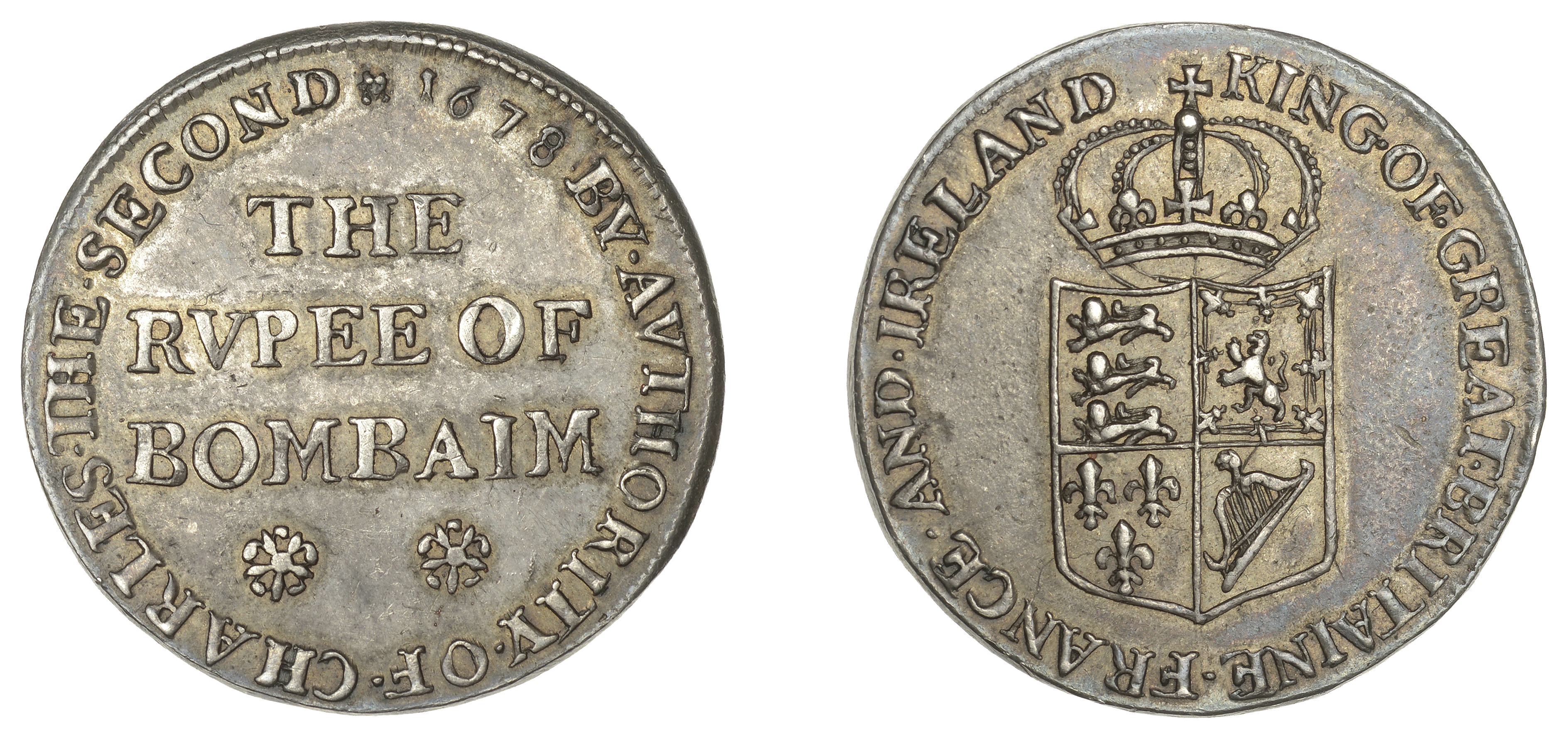 East India Company, Bombay Presidency, Early coinages: English design, silver Pattern Rupee...