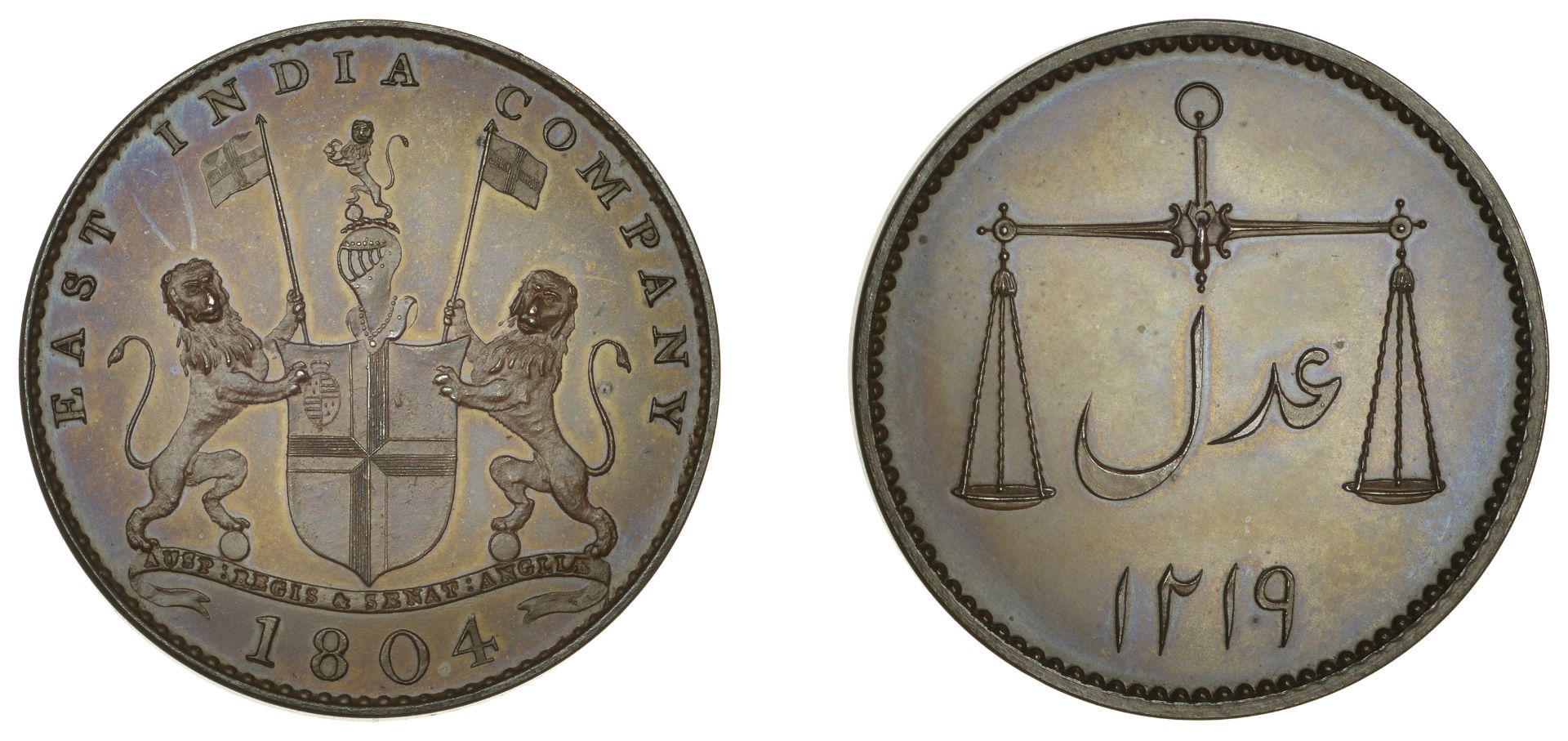 East India Company, Bombay Presidency, European minting, 1804 Soho, bronzed-copper Proof Pic...