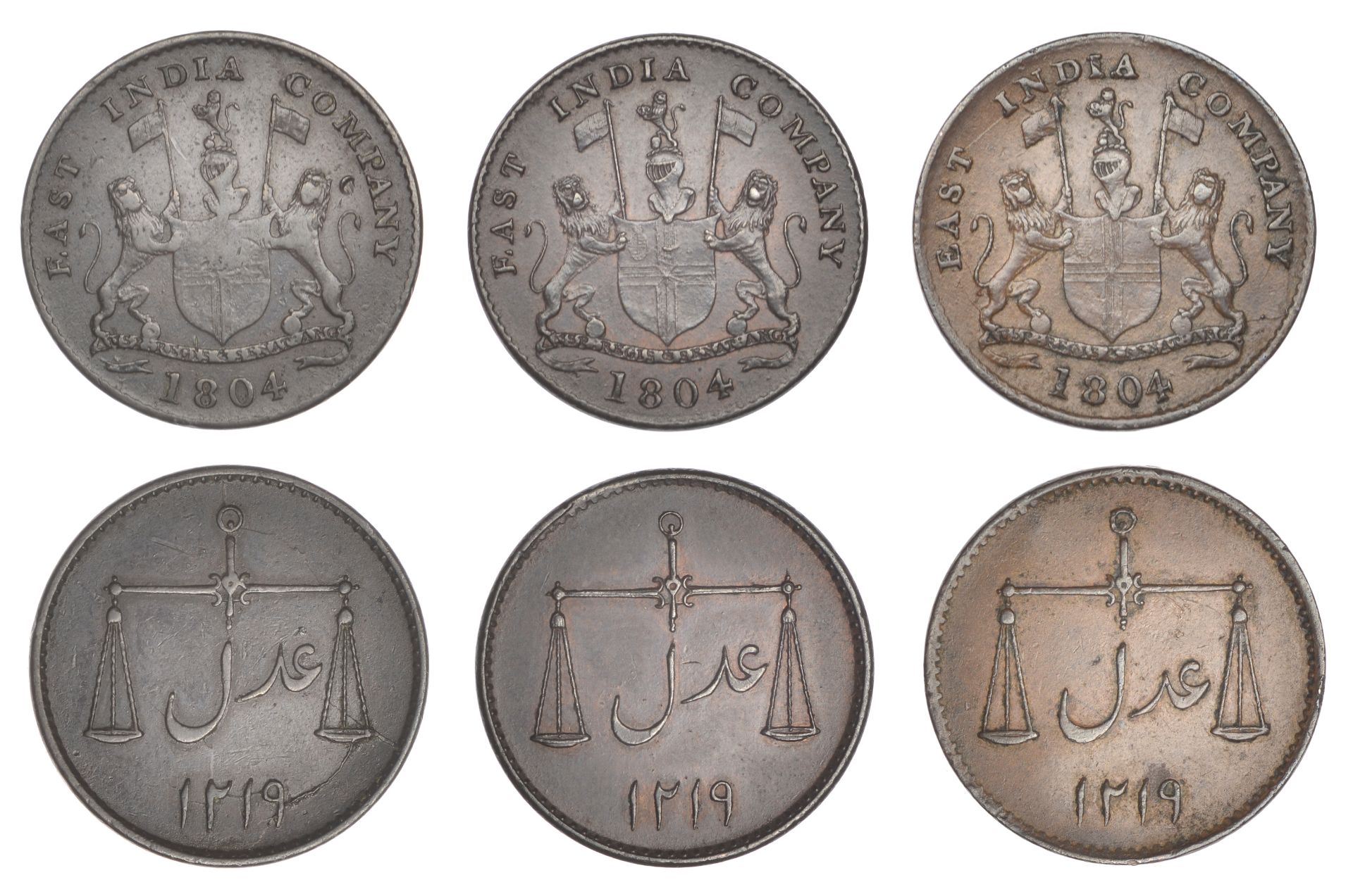 East India Company, Bombay Presidency, European minting, 1804 Soho, copper Half-Pice (3), al...