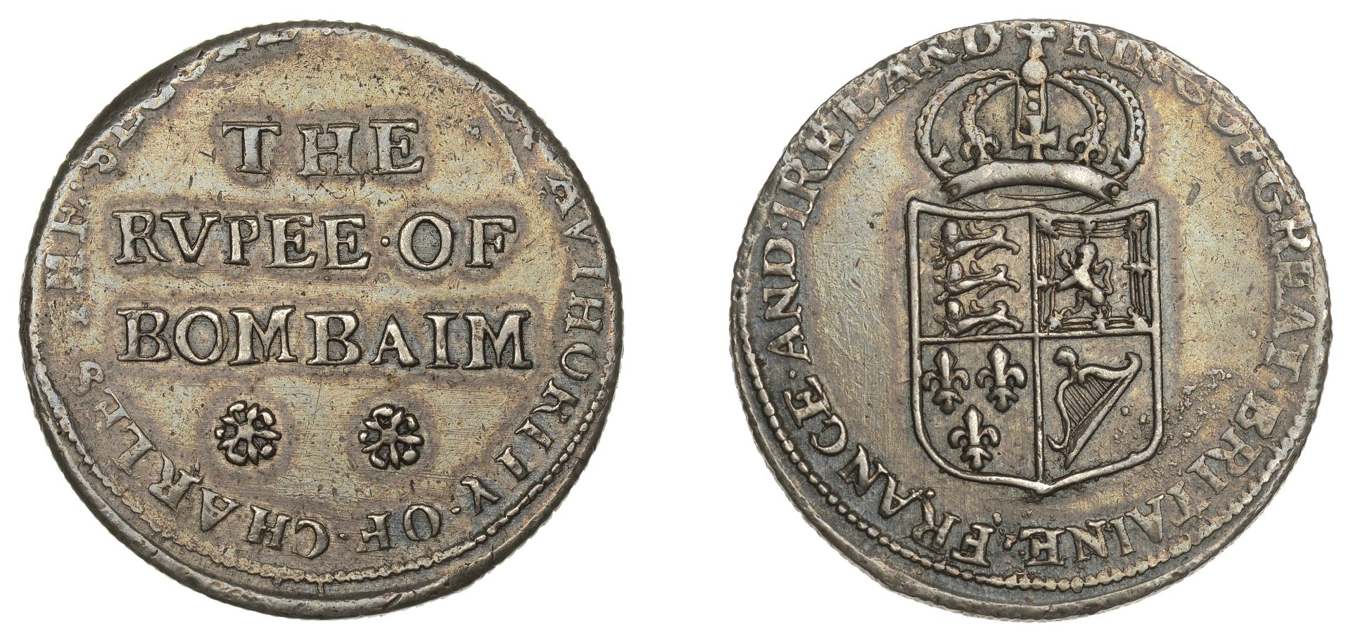 East India Company, Bombay Presidency, Early coinages: English design, silver Rupee in the n...
