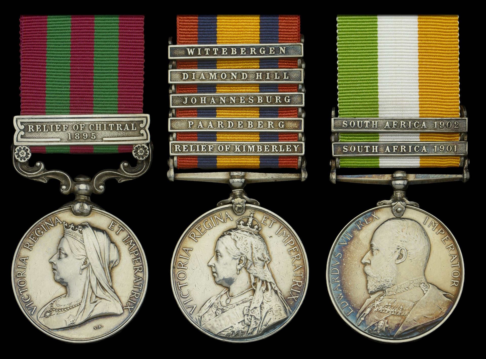 Three: Private S. Scott, East Kent Regiment India General Service 1895-1902, 1 clasp, Rel...