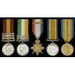 Five: Private W. J. White, East Kent Regiment Queen's South Africa 1899-1902, 3 clasps, C...