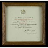 Mentioned in Despatches Certificate 'Convoy Signalman Raymond Eric Carratt, S.S. Temple Arch...