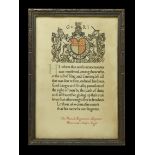 Memorial Scroll 'Pte. Frank Augustus Haynes, Worcestershire Regt.', mounted for display in a...