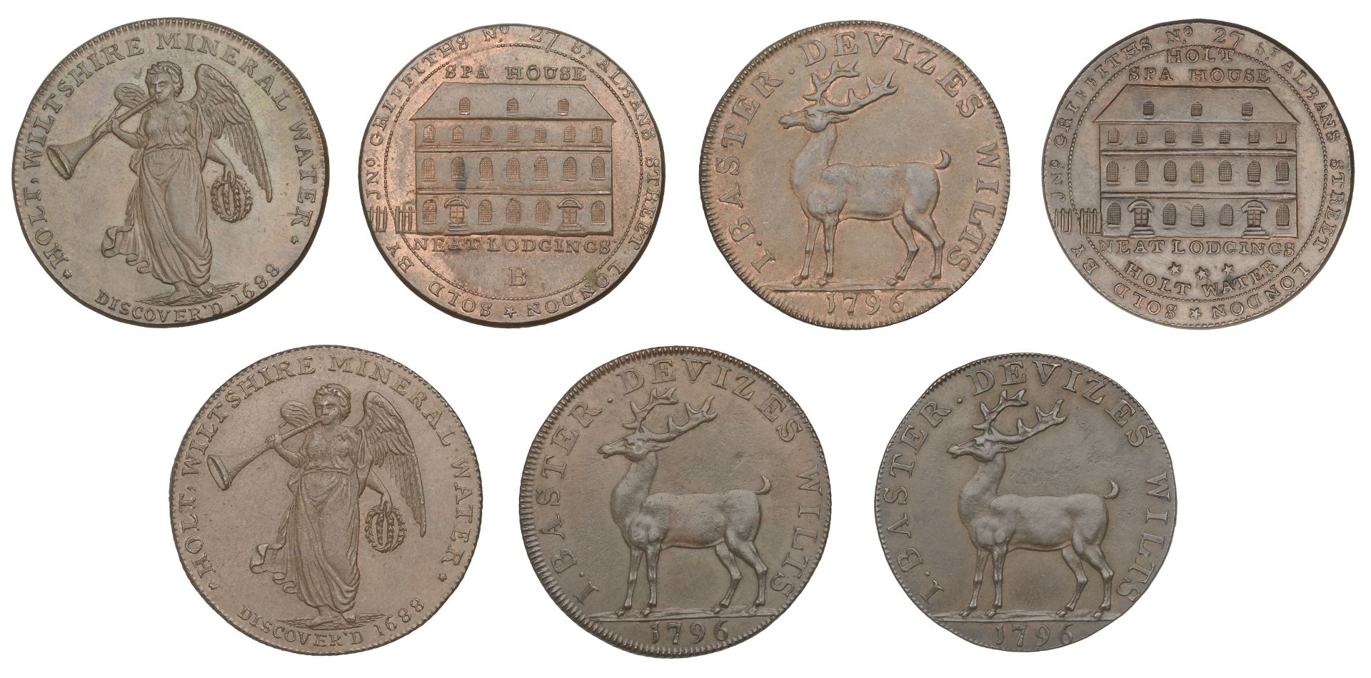 18th Century Tokens, WILTSHIRE, Devizes, John Baster, Halfpence, 1796 (3), 9.37g/6h (DH 2a),...