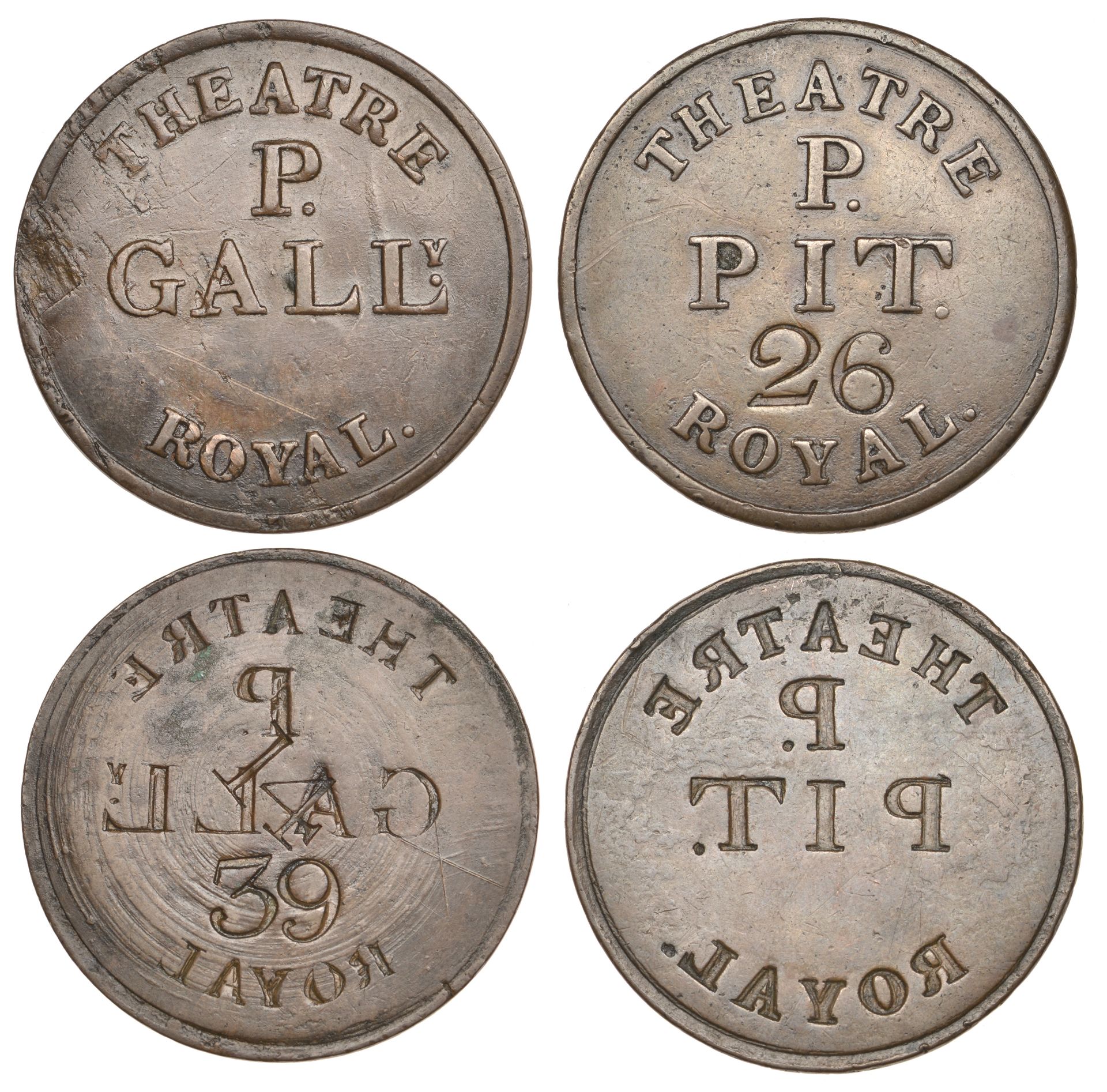 LANCASHIRE, Liverpool, Theatre Royal, copper bracteates (2), theatre royal around p above pi...