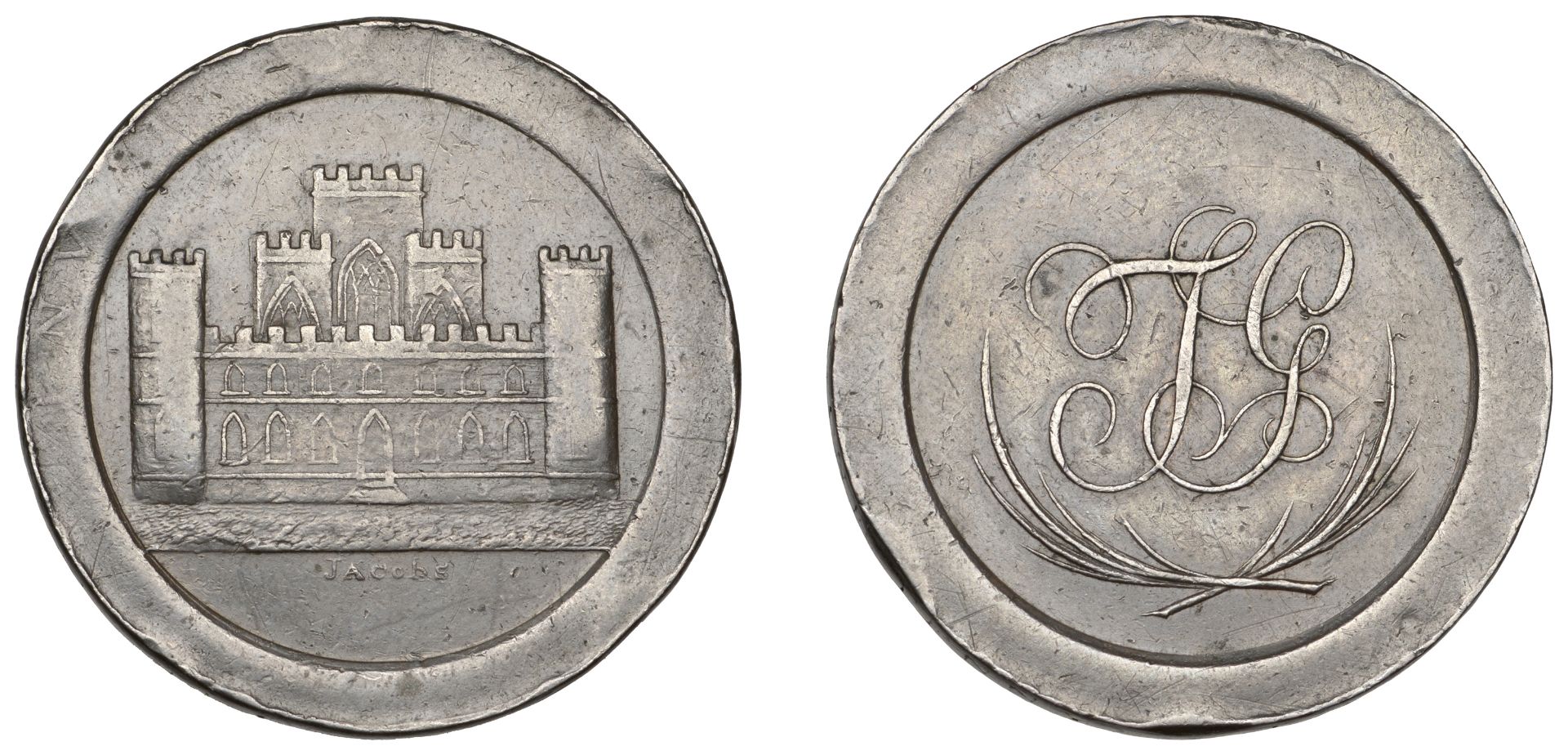 18th Century Tokens, ARGYLLSHIRE, Inverary, Skidmore's Penny, 1797, view of ancient fortress...
