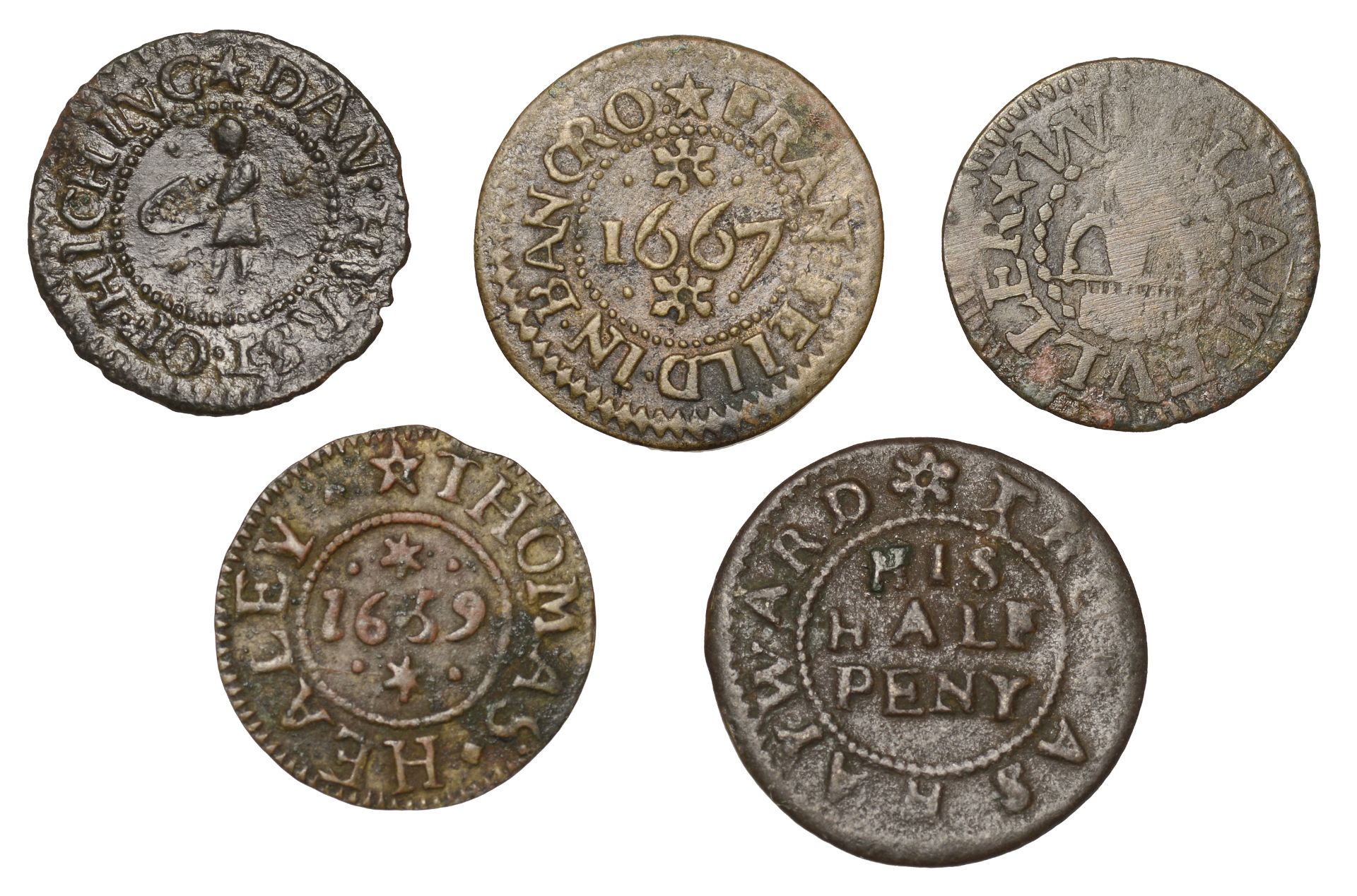 Hitchin, Fran Feild, Farthing, 1667, 0.92g/9h (N 2223; BW. 115); William Fuller, Farthing, 0...