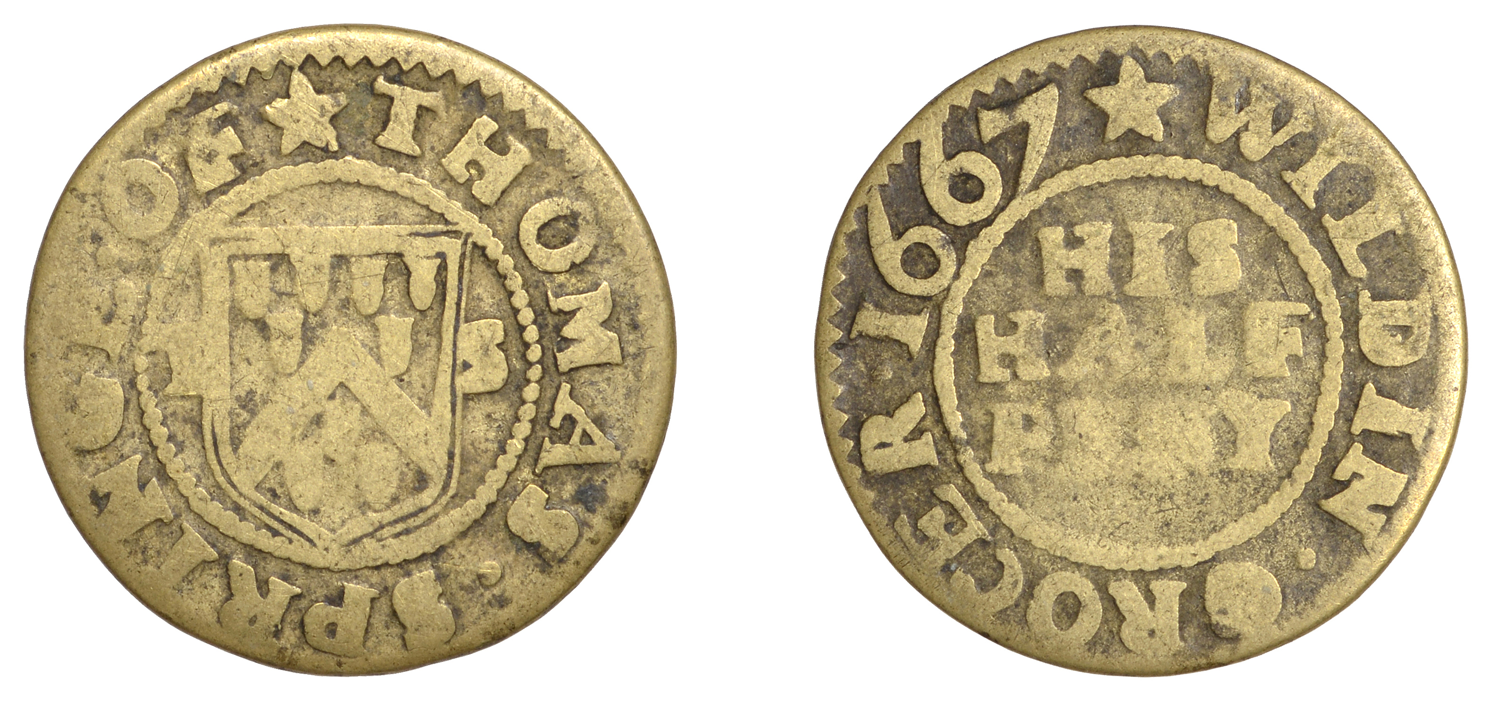 Wilden, Thomas Springe, Halfpenny, 1667, 1.95g/9h (GO 100; N â€“; BW. 100). Fair; the only iss...