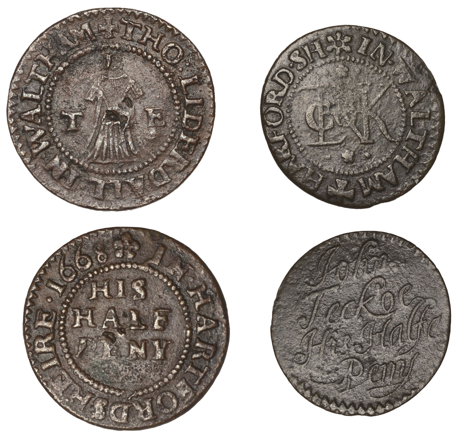 Waltham Cross, Tho. Liderdall, Halfpenny, 1668, 2.50g/12h (N 2284; BW. 200); John Teckoe, Ha...