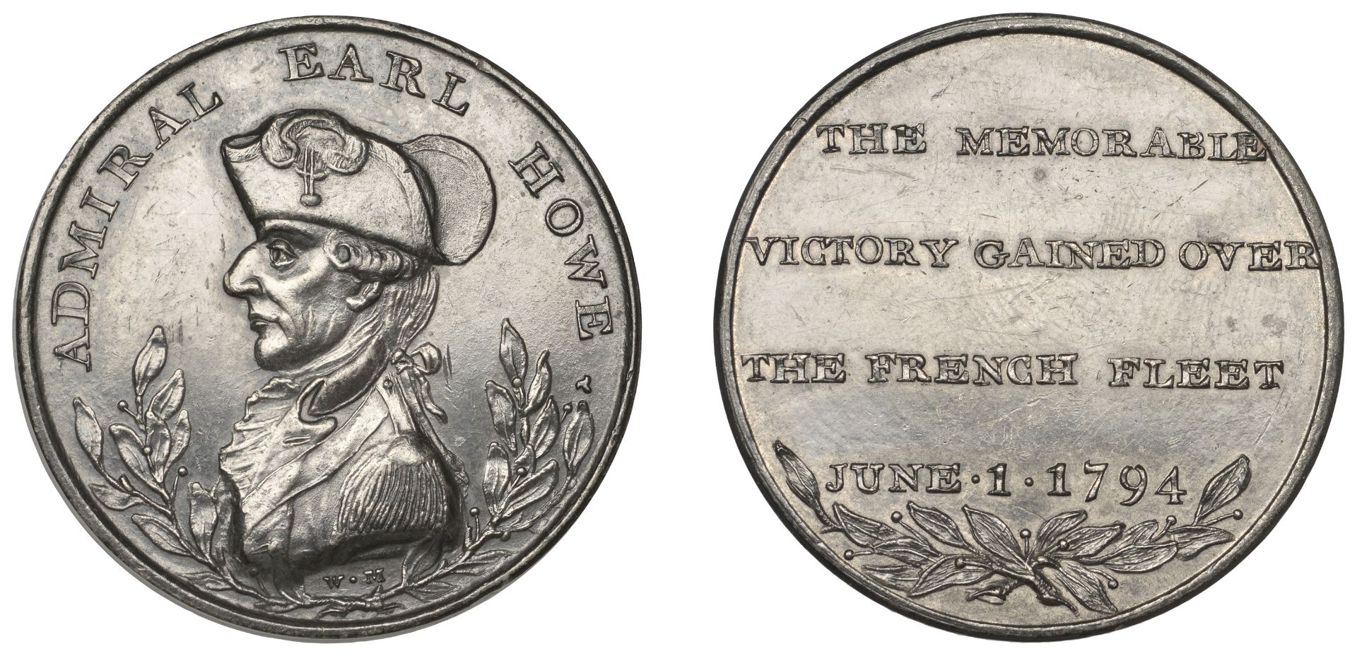 Historical Medals, Victory of 1 June 1794, a white metal medal by W. Mossop, bust of Earl Ho...