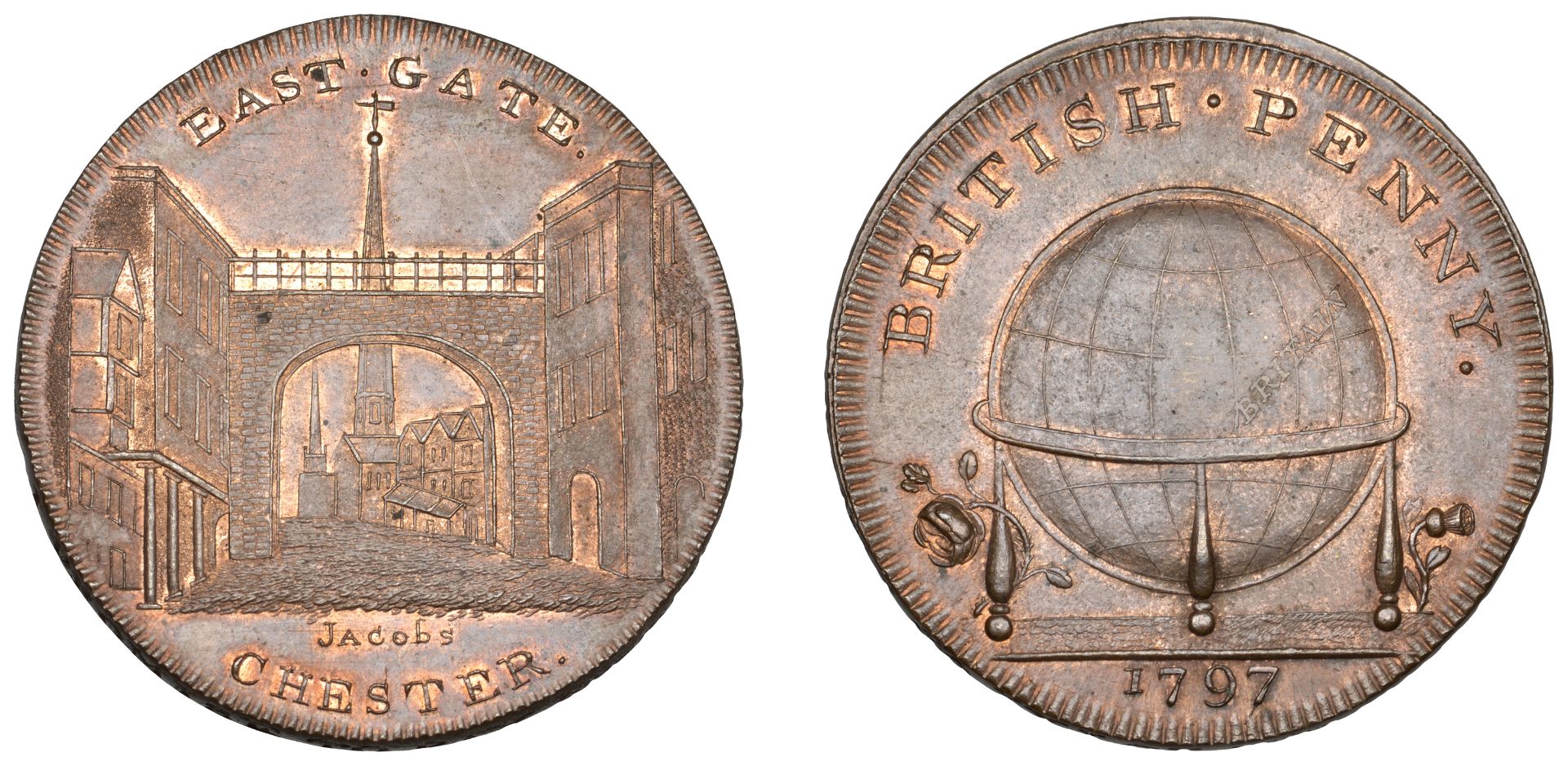 18th Century Tokens, CHESHIRE, Chester, Skidmore's Globe series, Penny, 1797, frontal elevat...