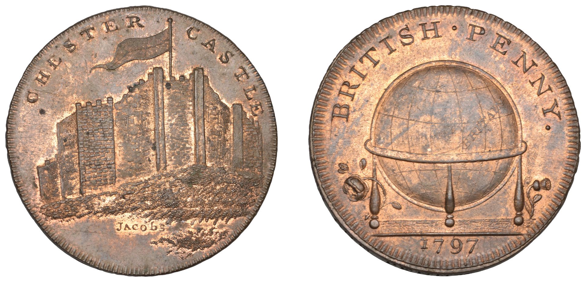 18th Century Tokens, CHESHIRE, Chester, Skidmore's Globe series, Penny, 1797, frontal elevat...