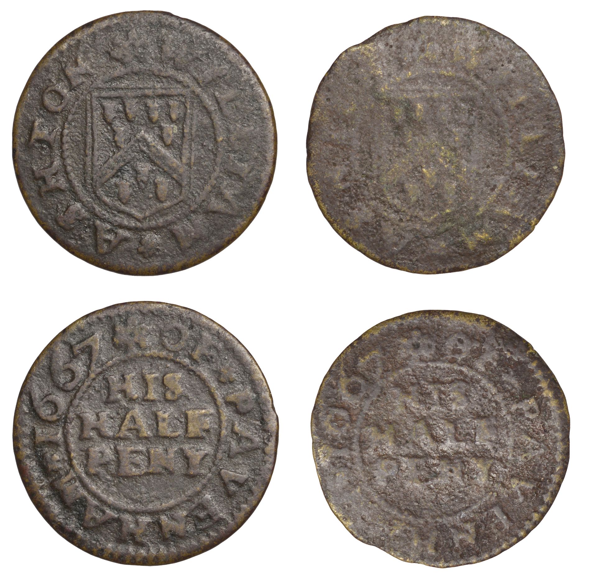 Pavenham, William Ashton, Halfpence, 1667 (2), 2.01g/9h, 1.10g/6h (GO 78; N 41, former this...