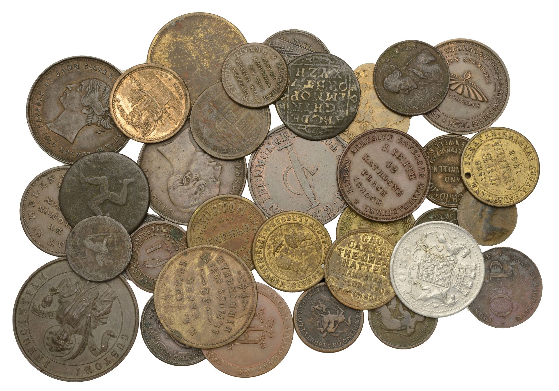 Miscellaneous Tokens and Checks, Tokens, tickets, coins, etc (35), all base metal, from Lond...