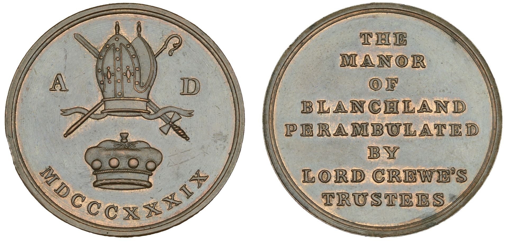 NORTHUMBERLAND, Blanchland, 1839, copper, the manor of blanchland, etc, rev. bishop's mitre...