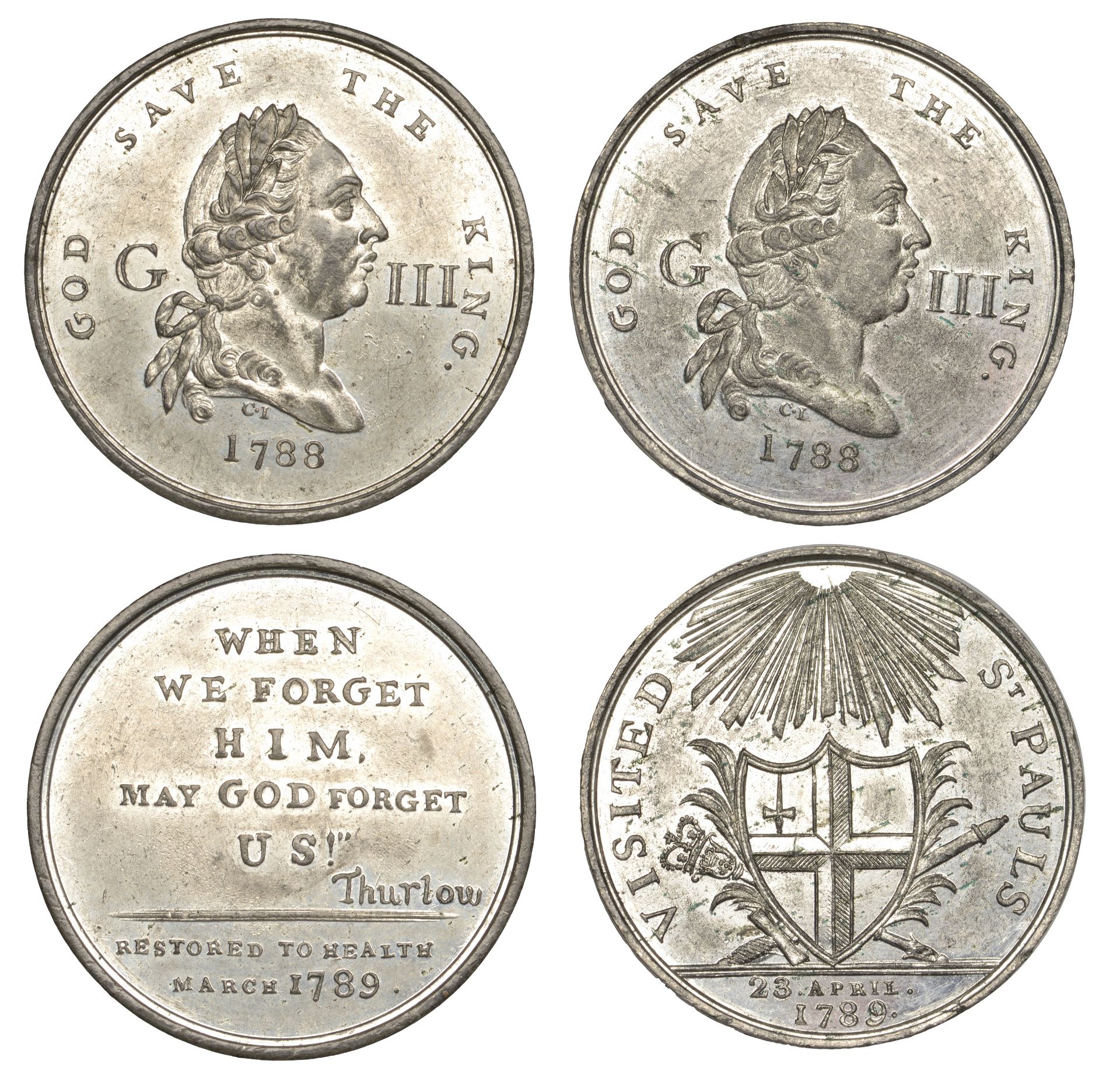 Historical Medals, George III, Thanksgiving at St Paul's, 1789, a white metal medal by C. Ja...