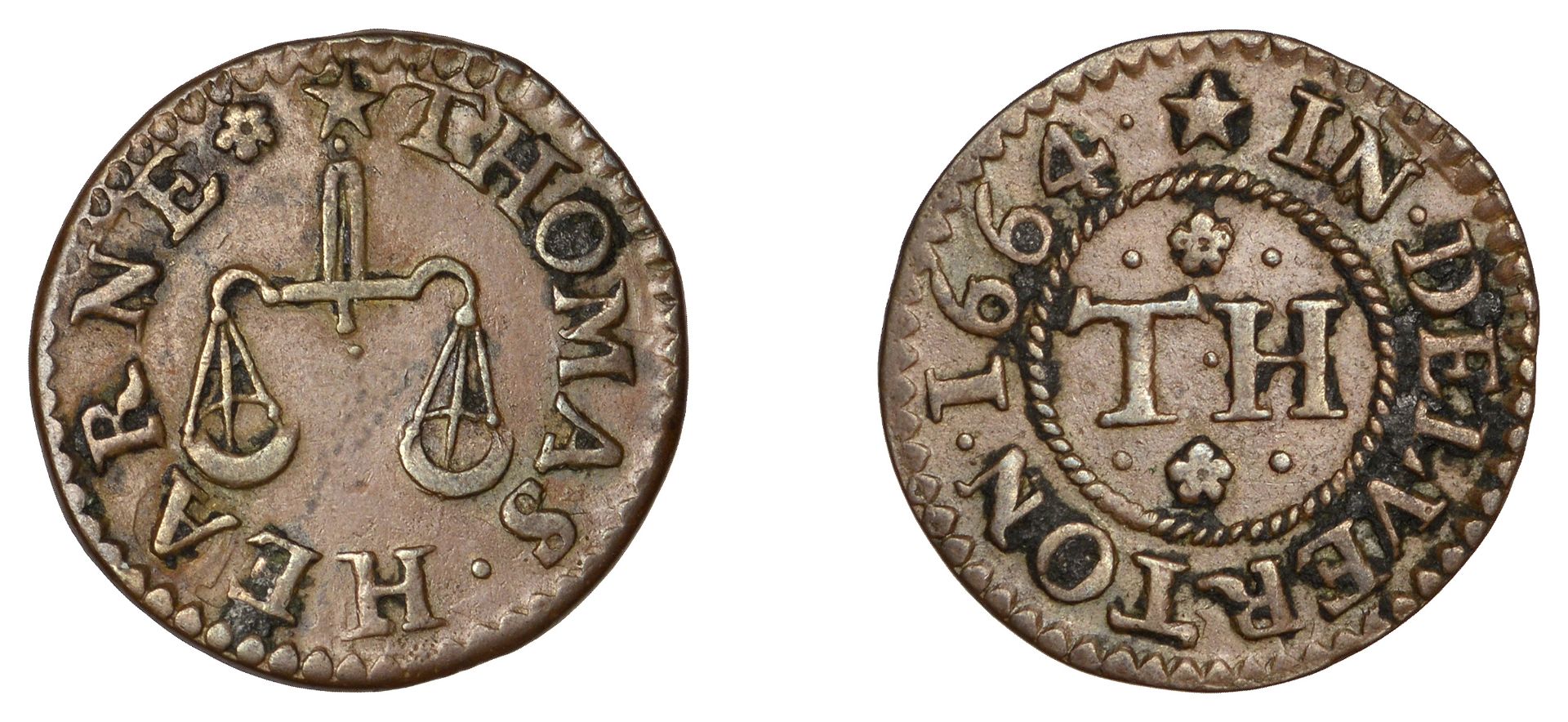 17th Century Tokens, SOMERSET, Dulverton, Thomas Hearne, Farthing, 1664, 1.08g/9h (DY â€“; N â€“...