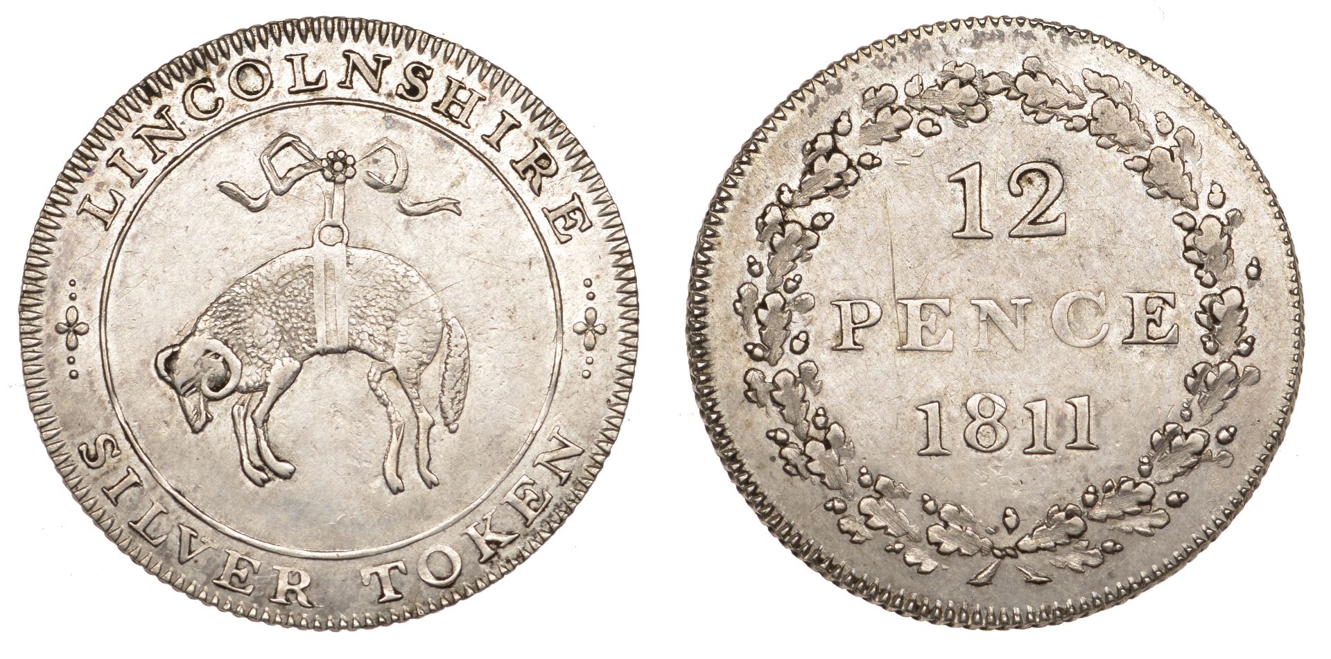 19th Century Tokens, LINCOLNSHIRE, County series, Shilling, 1811, fleece, rev. value in wrea...