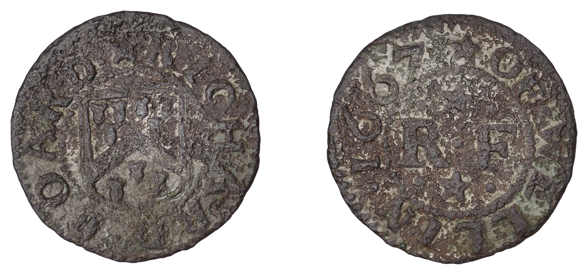 Welwyn, Richard Foard, Farthing, 1667, 0.56g/12h (N 2311; D 224B). Excavated, surfaces pitte...