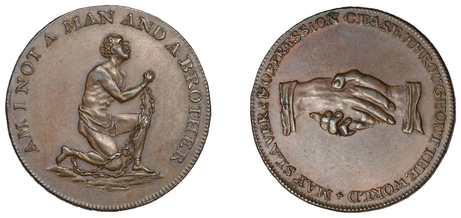 18th Century Tokens, Unlocalised issues, Lutwyche's Anti-Slavery Halfpenny, kneeling negro i...