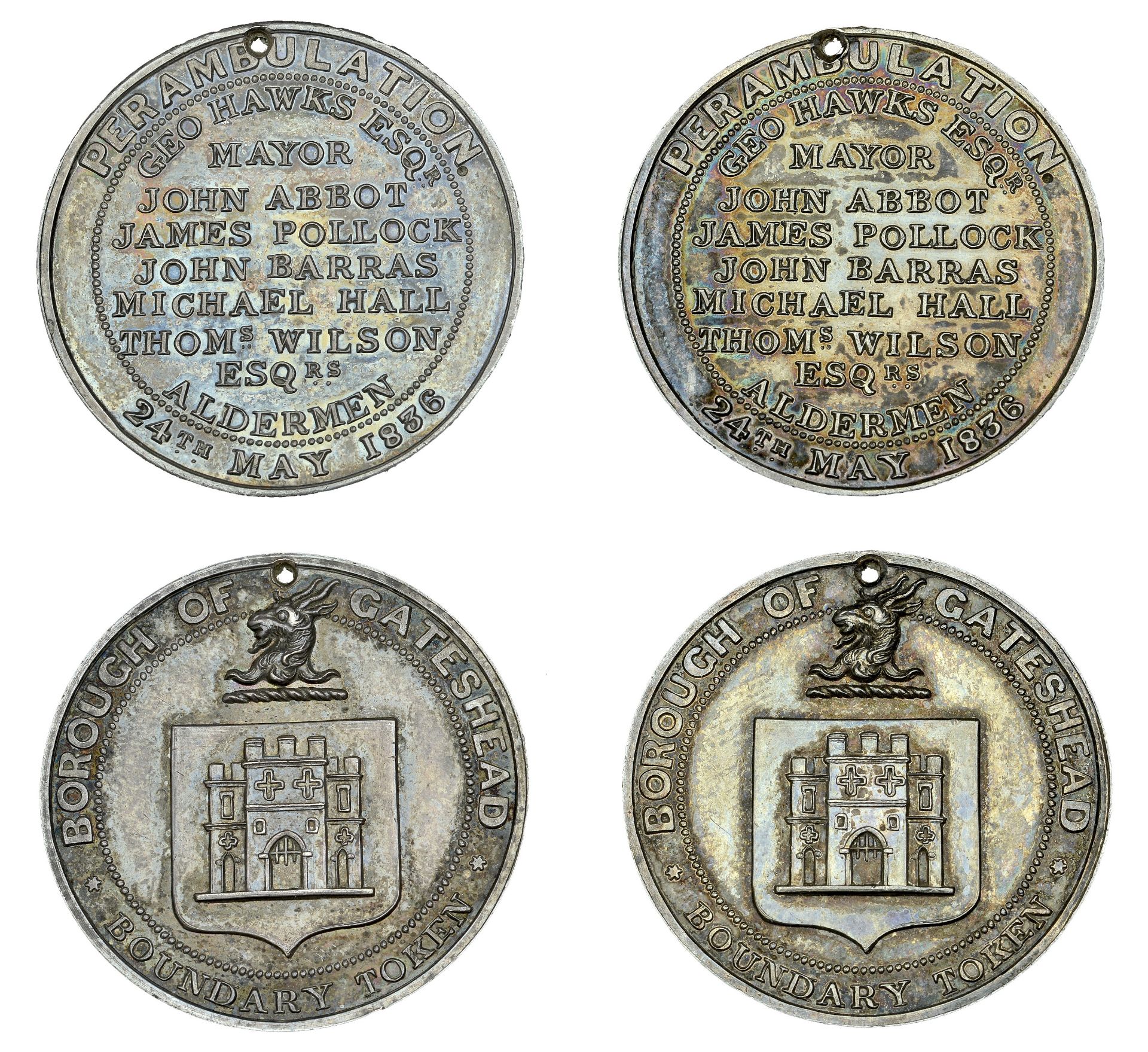 Co DURHAM, Gateshead, 1836 (2), both silver, borough arms, goat's head crest above, revs. ge...