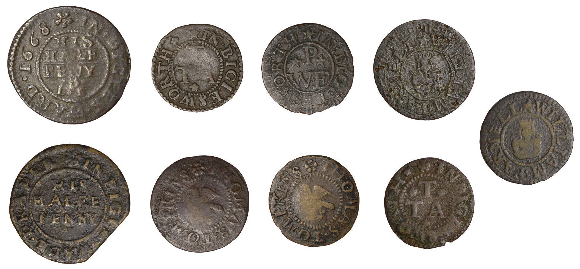 Biggleswade, John Boddington, Halfpenny, 1669, 1.83g/12h (GO 22; N 18; BW. 22); John Bray, H...