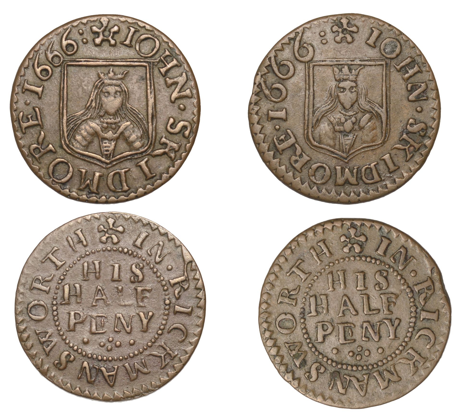 Rickmansworth, John Skidmore, Halfpence, 1666 (2), 2.14g/12h (N 2240; BW. 157-8), 1.28g/9h (...