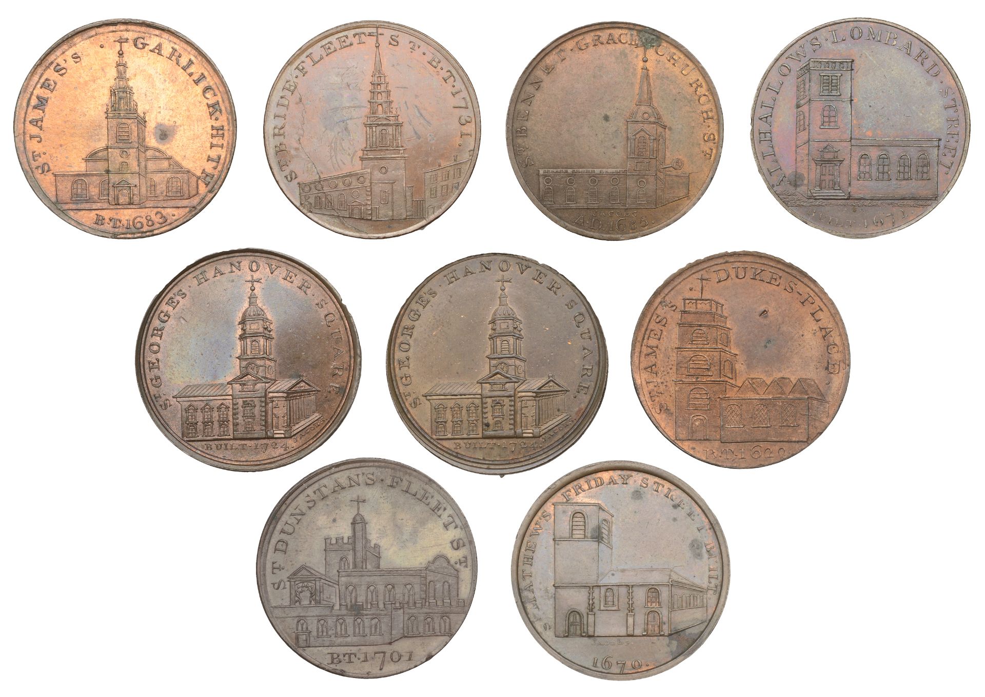 18th Century Tokens, LONDON, Skidmore's Churches, Halfpence (9), Dukes Place, St James's, 13...