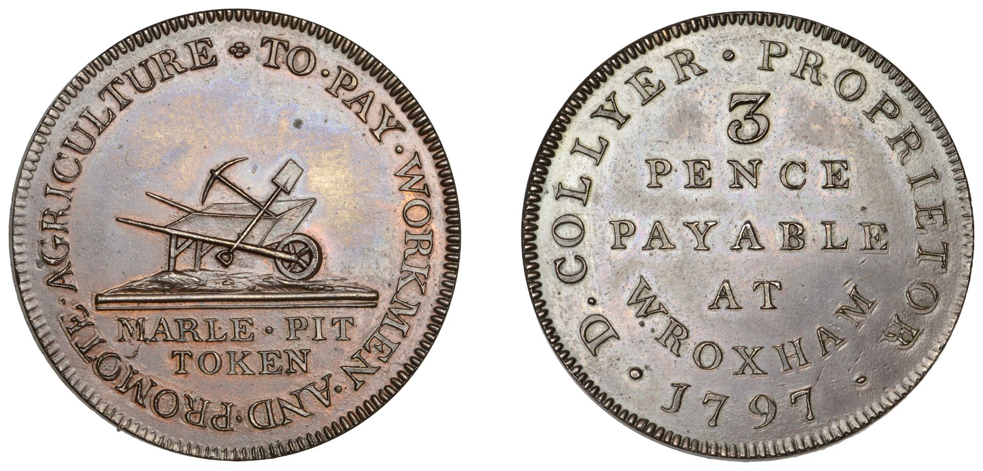 18th Century Tokens, NORFOLK, Wroxham, Rev. Daniel Collyer, Milton's Threepence, 1797, wheel...