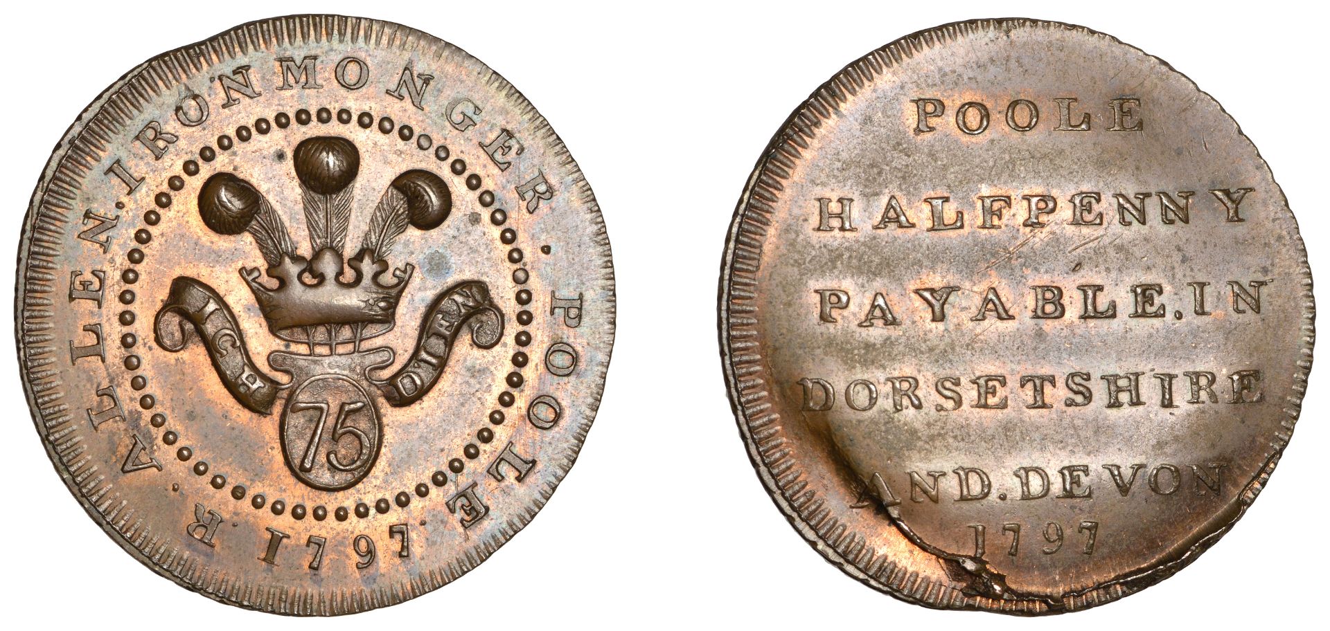 18th Century Tokens, DORSET, Poole, Richard Allen, Skidmore's Halfpenny, 1797, Prince of Wal...