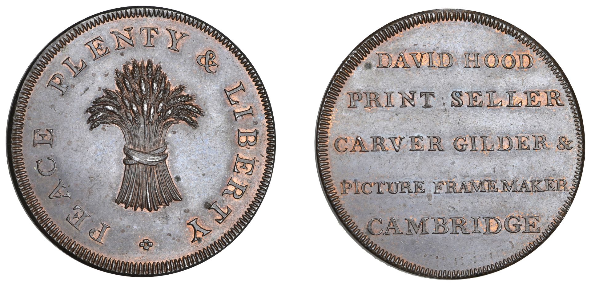 18th Century Tokens, CAMBRIDGESHIRE, Cambridge, David Hood, Milton's Halfpenny, wheatsheaf,...