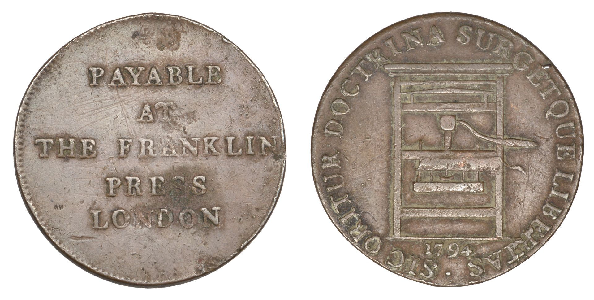 18th Century Tokens, LONDON, Lincoln's Inn Fields, Franklin Press, Halfpenny, 1794, from the...