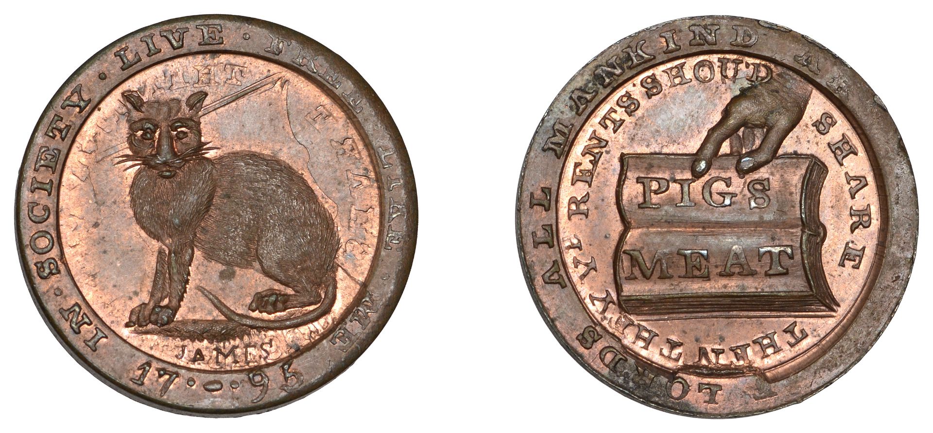 18th Century Tokens, LONDON, Thomas Spence series, Farthing, cat seated left, rev. hand hold...