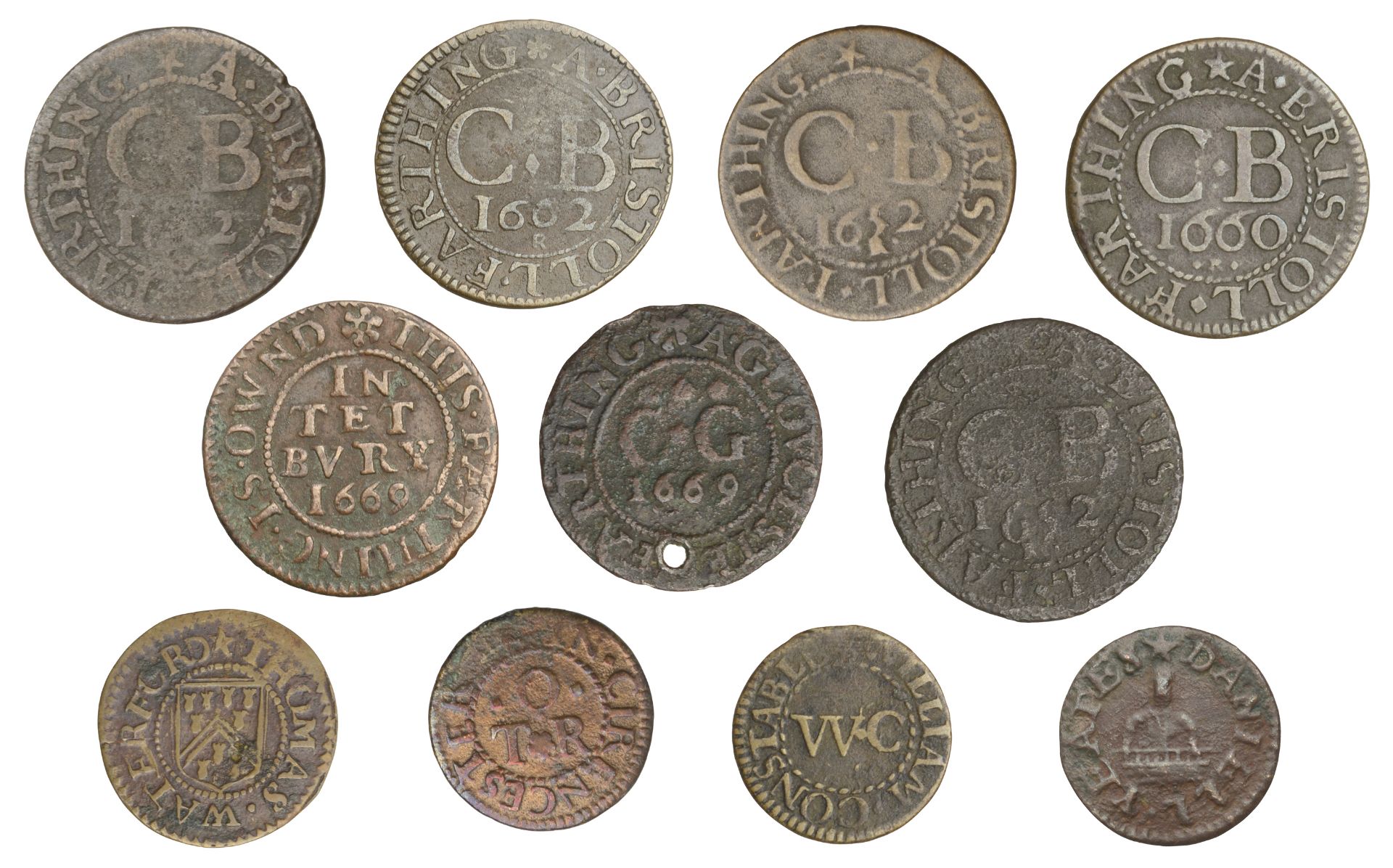 17th Century Tokens, GLOUCESTERSHIRE, Bristol, City Farthings (5), 1652 (3), 2.57g/6h (N 146... - Bild 2 aus 2