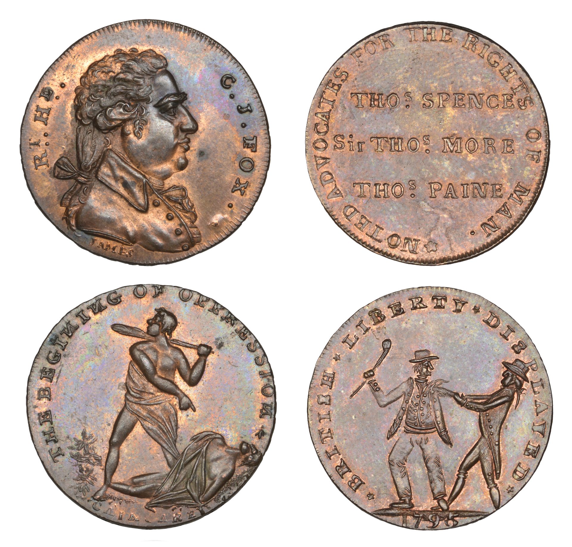 18th Century Tokens, LONDON, Thomas Spence series, mule Halfpence (2), sailor seizing a land...