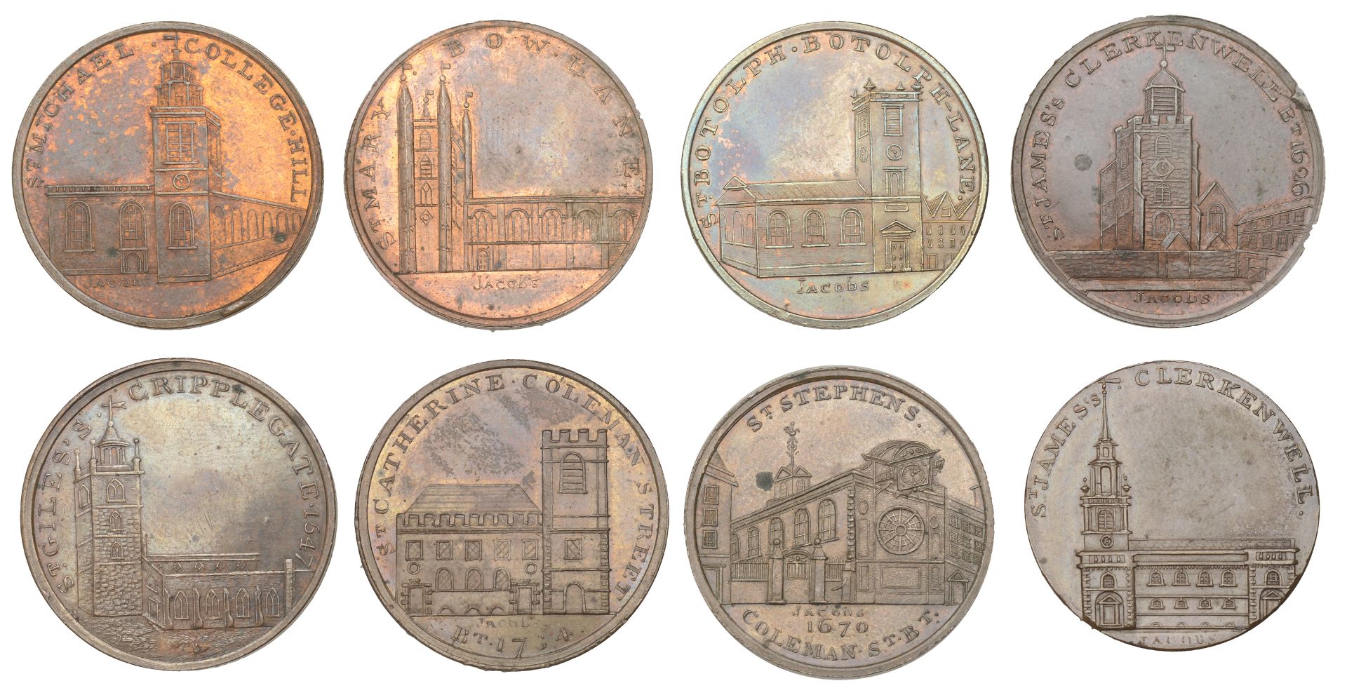 18th Century Tokens, LONDON, Skidmore's Churches, Halfpence (8), Botolph Lane, St Botolph's,...