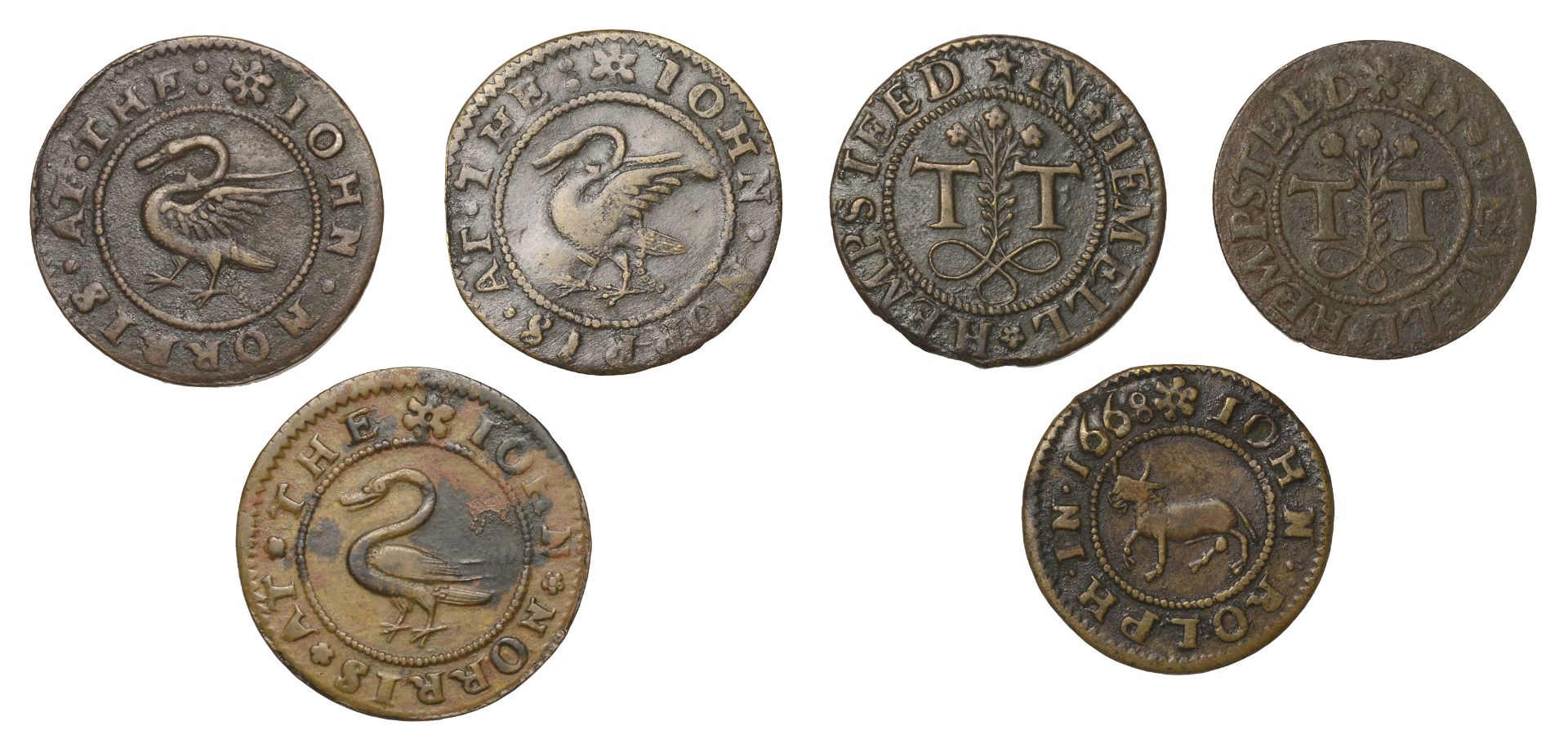 Hemel Hempstead, John Norris, Halfpence, 1667 (3), 2.93g/6h (N 2194, this piece; BW. 98), 3....