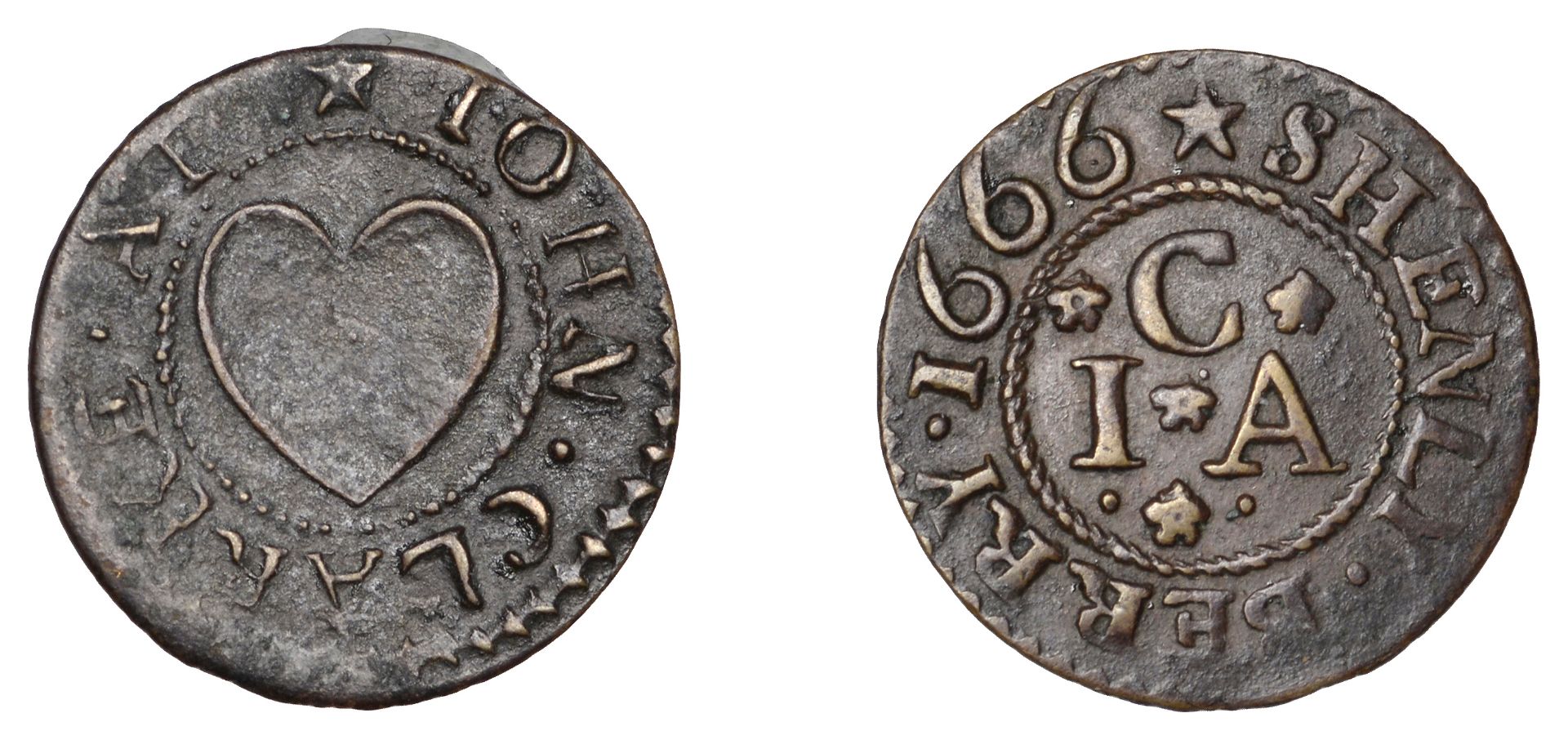 Shenley, John Clarke, Farthing, 1666, 0.77g/12h (N 2266, this piece; BW. 183). Part weak, ot...