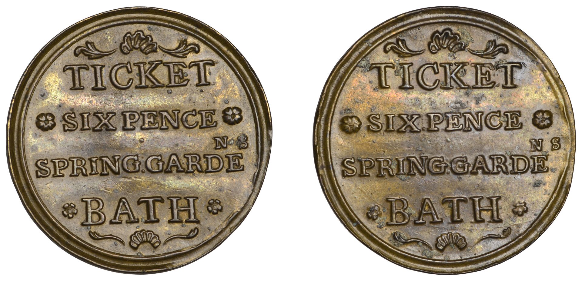 Tickets and Passes, SOMERSET, Bath, Spring Gardens, brass Sixpence, legend both sides, 31mm,...
