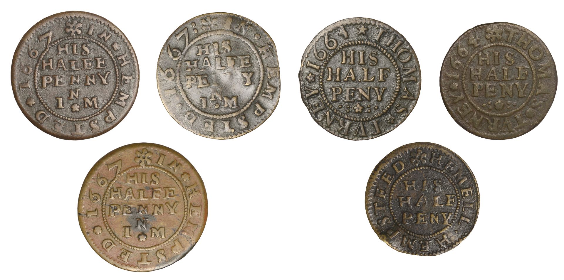 Hemel Hempstead, John Norris, Halfpence, 1667 (3), 2.93g/6h (N 2194, this piece; BW. 98), 3.... - Image 2 of 2