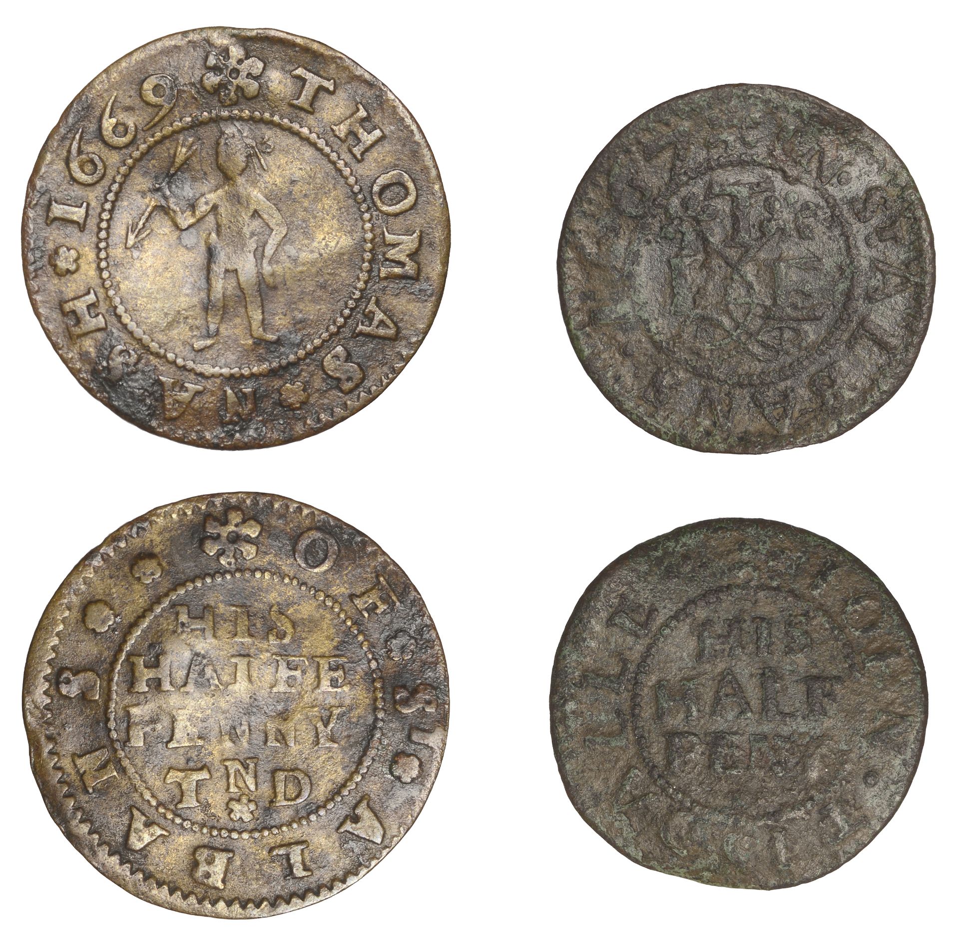 St Albans, Thomas Nash, Halfpenny, 1669, 1.00g/3h (N 2262; BW. 178); John Tisdalle, Halfpenn...