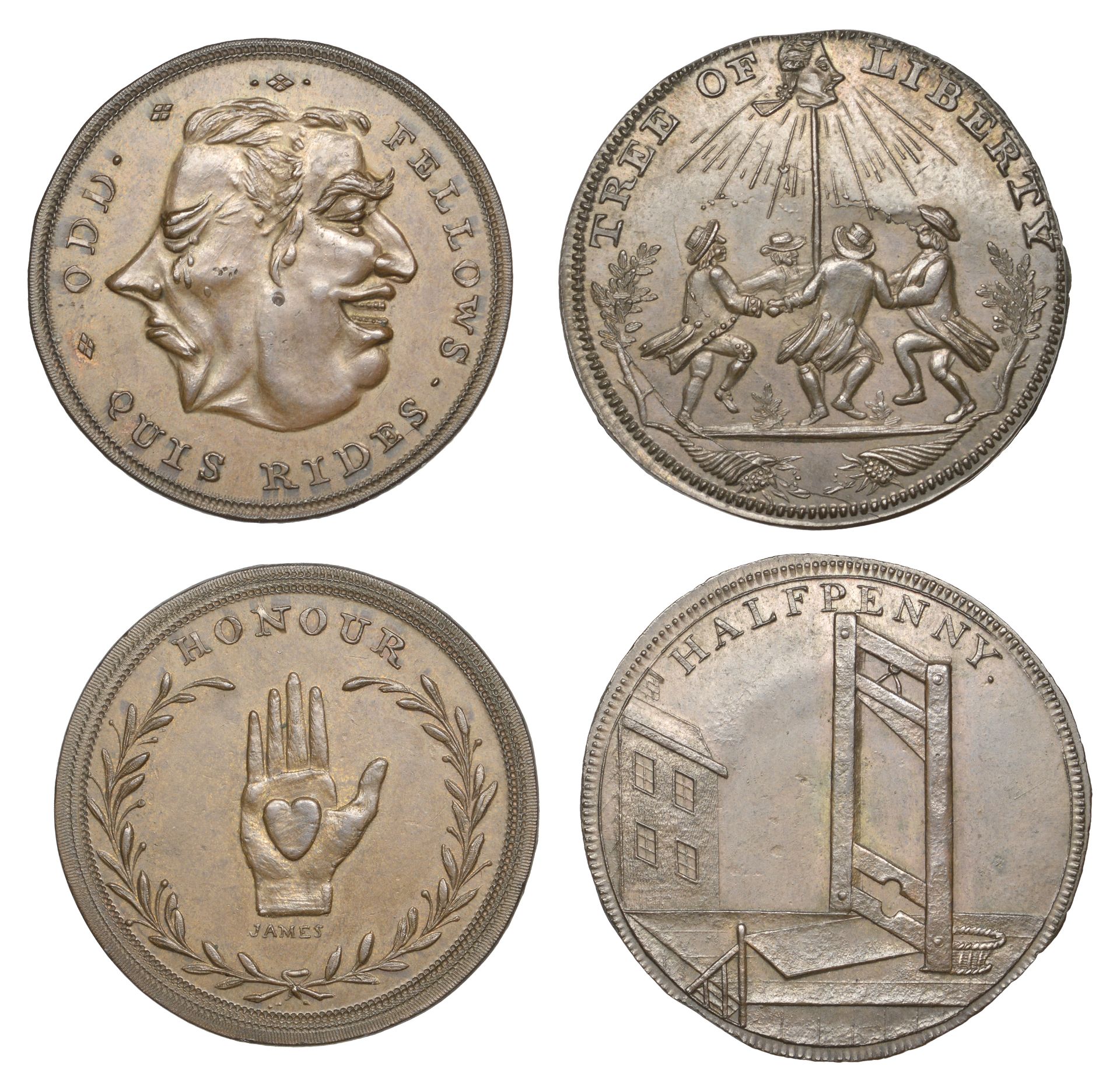 18th Century Tokens, LONDON, Thomas Spence series, mule Halfpence (2), heads of William Pitt...