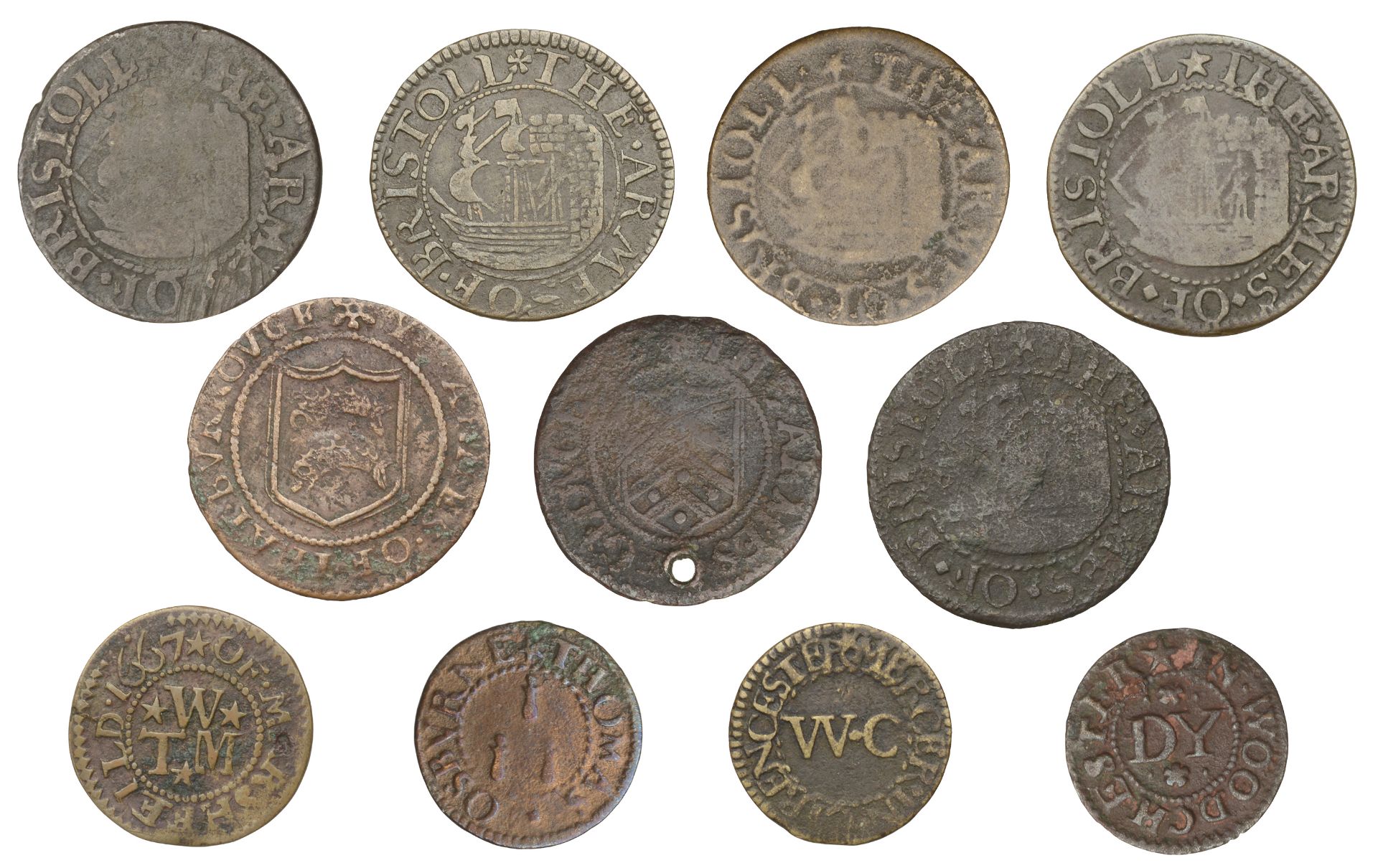 17th Century Tokens, GLOUCESTERSHIRE, Bristol, City Farthings (5), 1652 (3), 2.57g/6h (N 146...