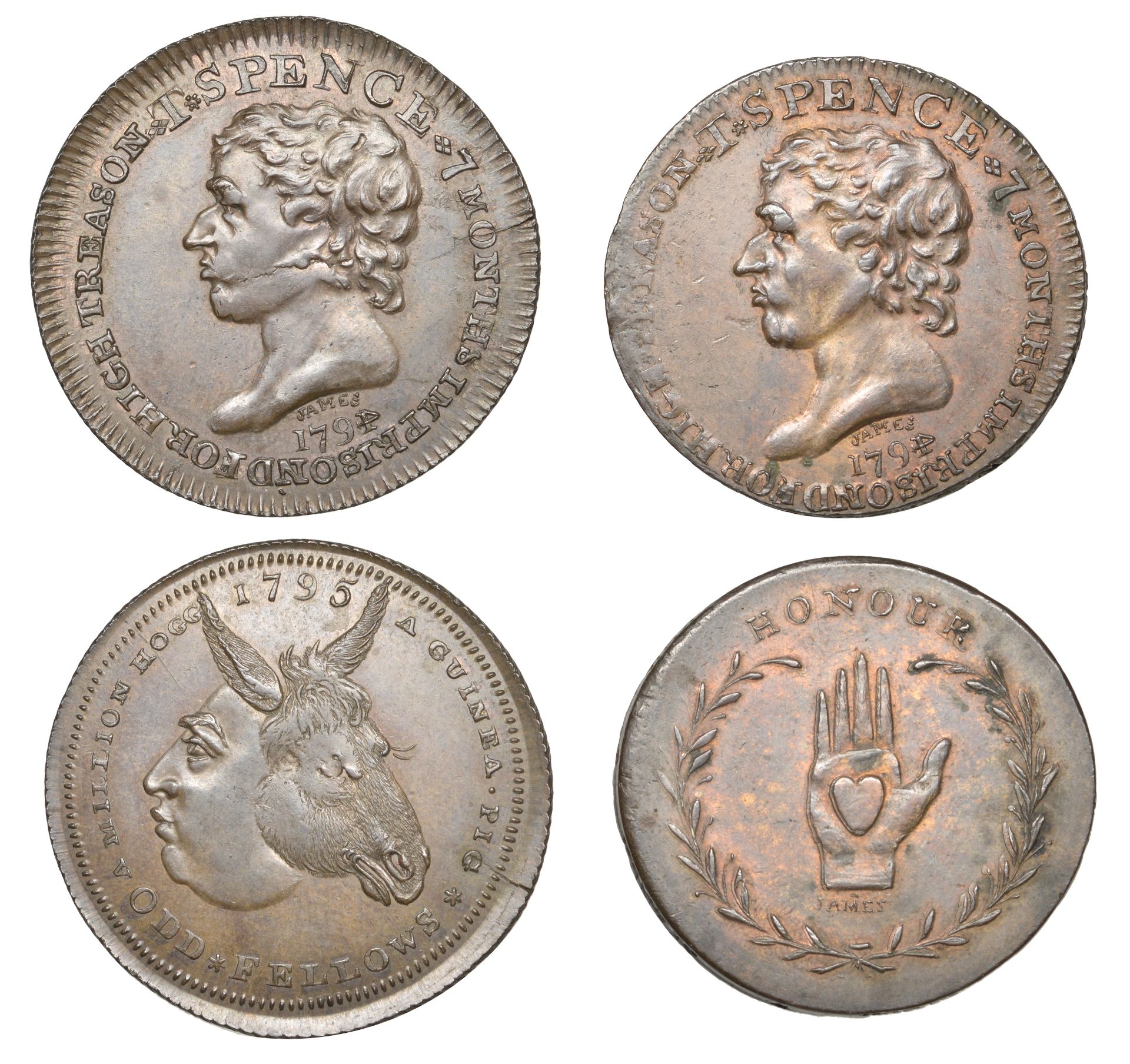 18th Century Tokens, LONDON, Thomas Spence series, mule Halfpence (2), bust left, revs. hear...