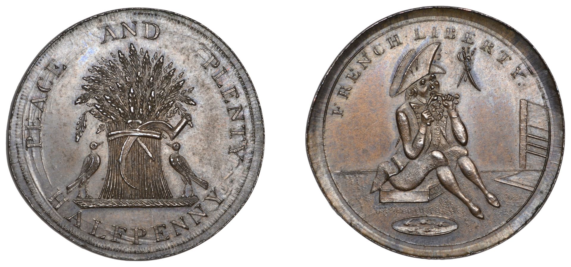 18th Century Tokens, MUNSTER, Prattent's mule Halfpenny, wheatsheaf and doves, rev. seated m...